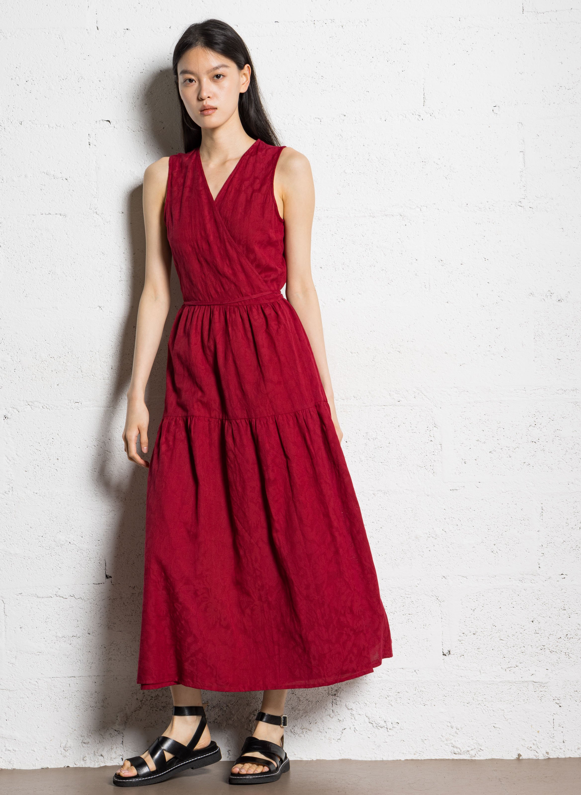 Robe longue col V en coton jacquard NICE THINGS Rouge