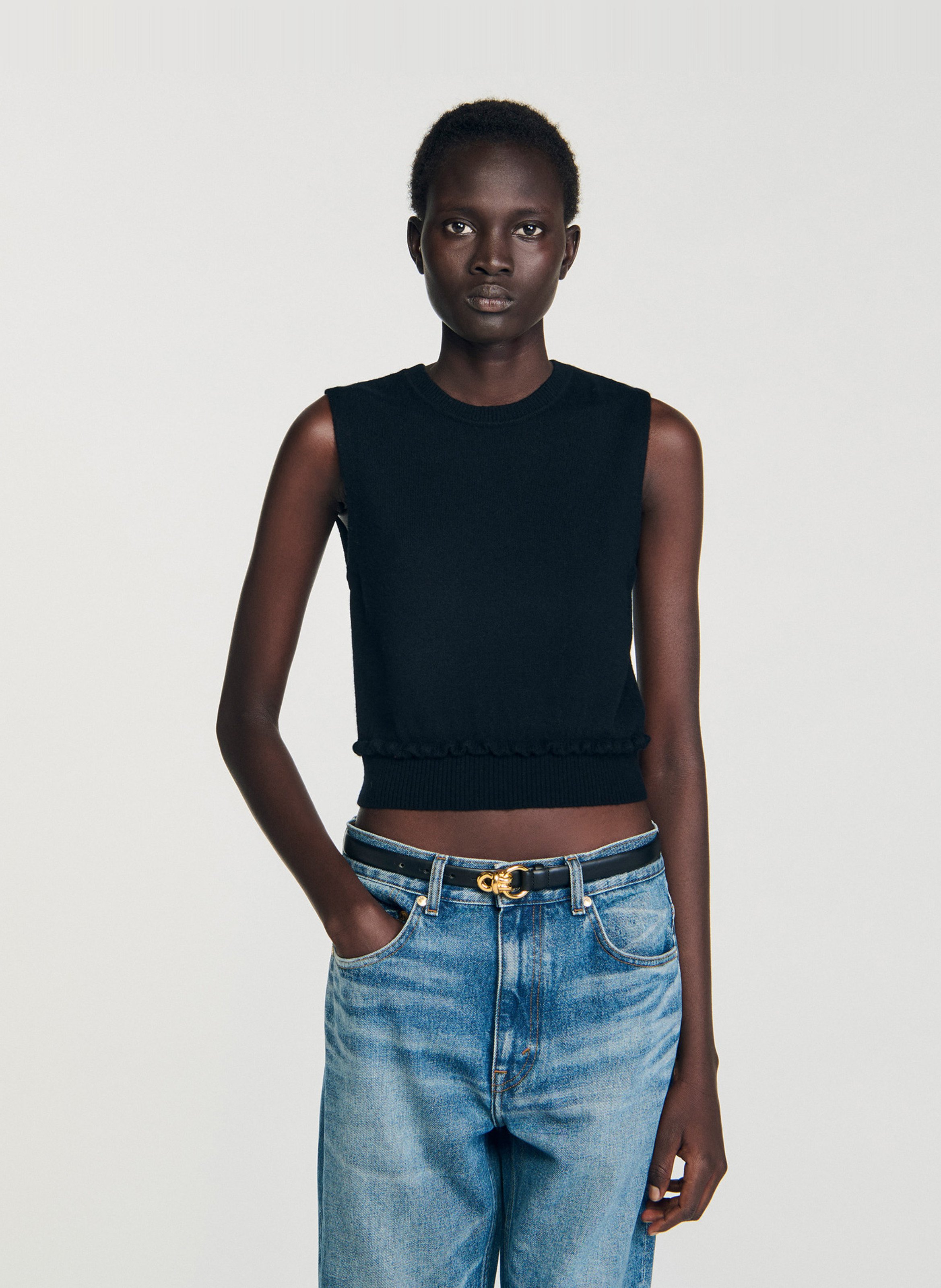 Pull court sans manches en laine et cachemire  SANDRO Noir