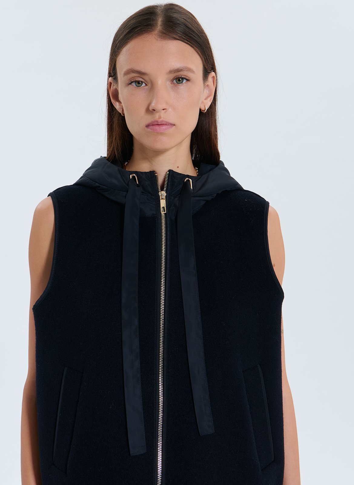 Gilet à capuche droit en laine mélangée ZAPA Bleu