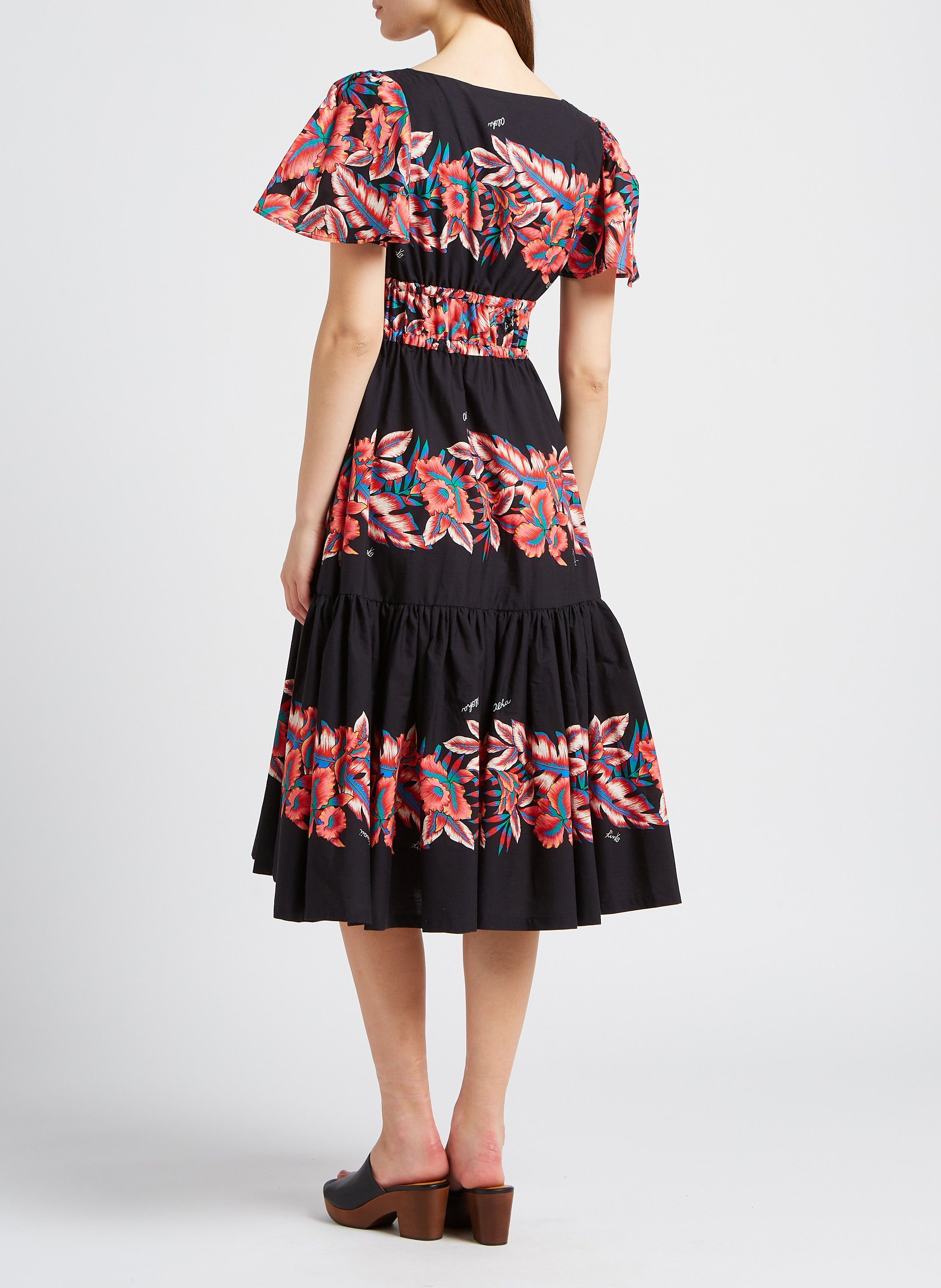 Long tropical print cotton V-neck dress PINKO Multicolored