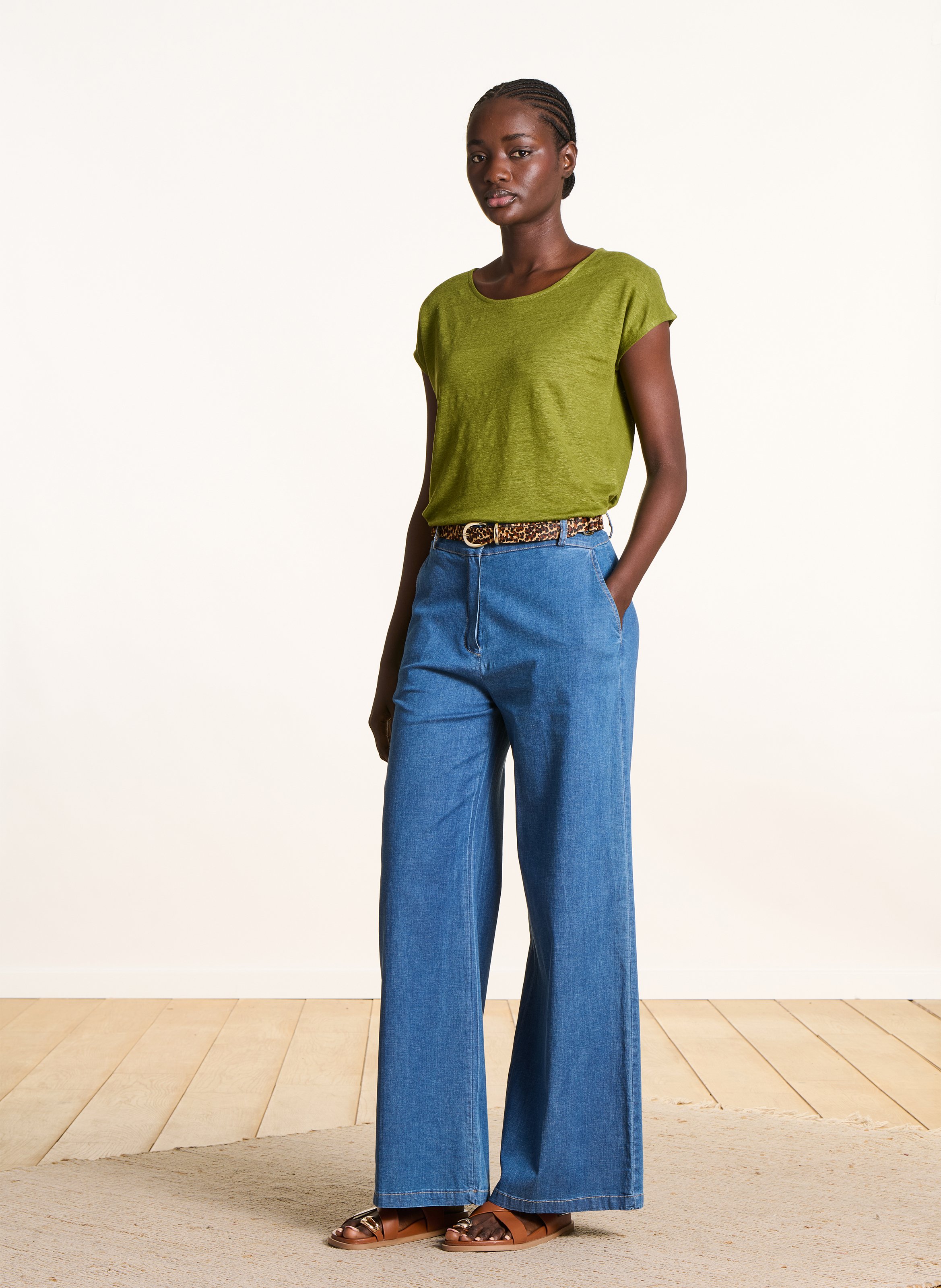 Tee-shirt droit chiné en lin Vert