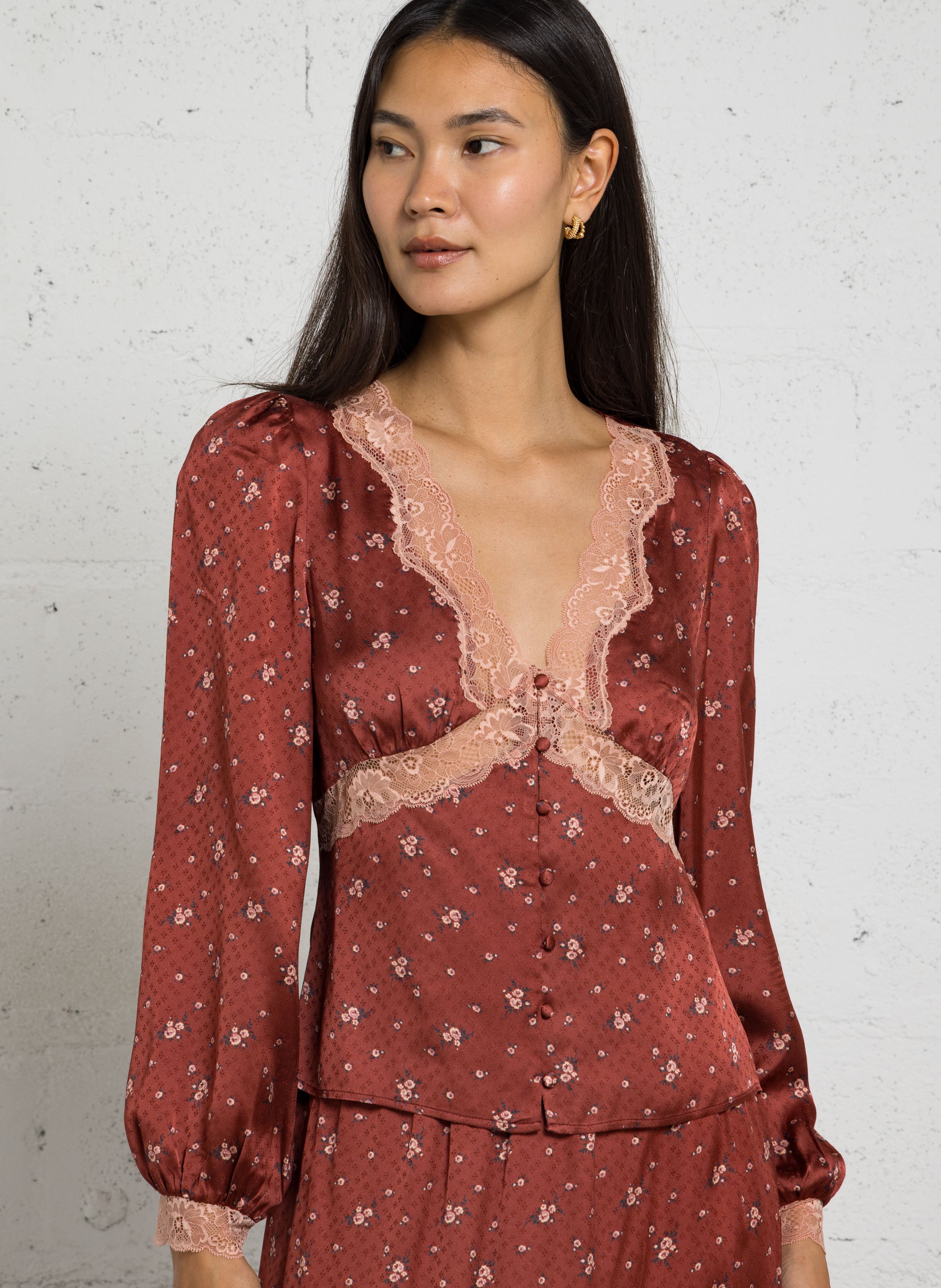 Blouse met V-hals en kanten print PETITE MENDIGOTE Oranje