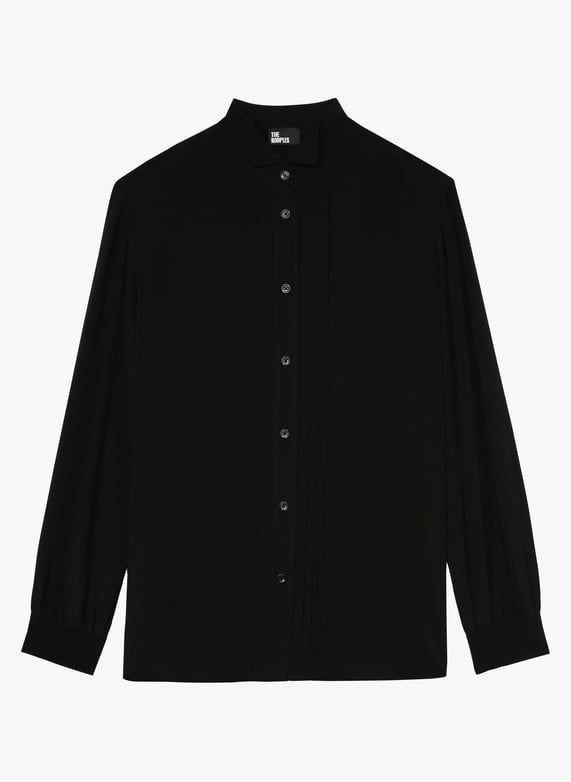 Chemise col casse plissee en soie Noir