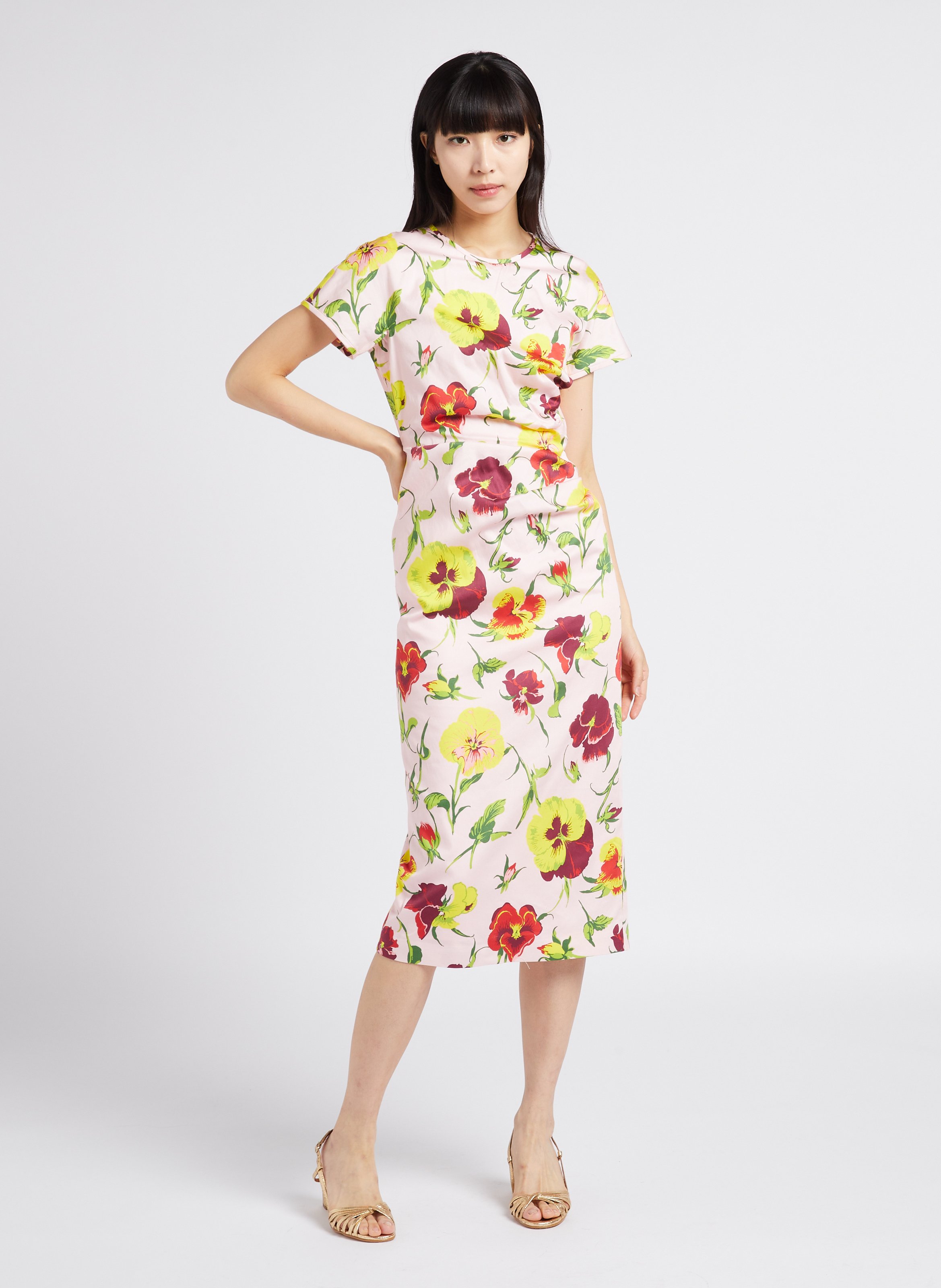 Robe midi col rond imprimé floral en coton MAX MARA WEEK END Rose