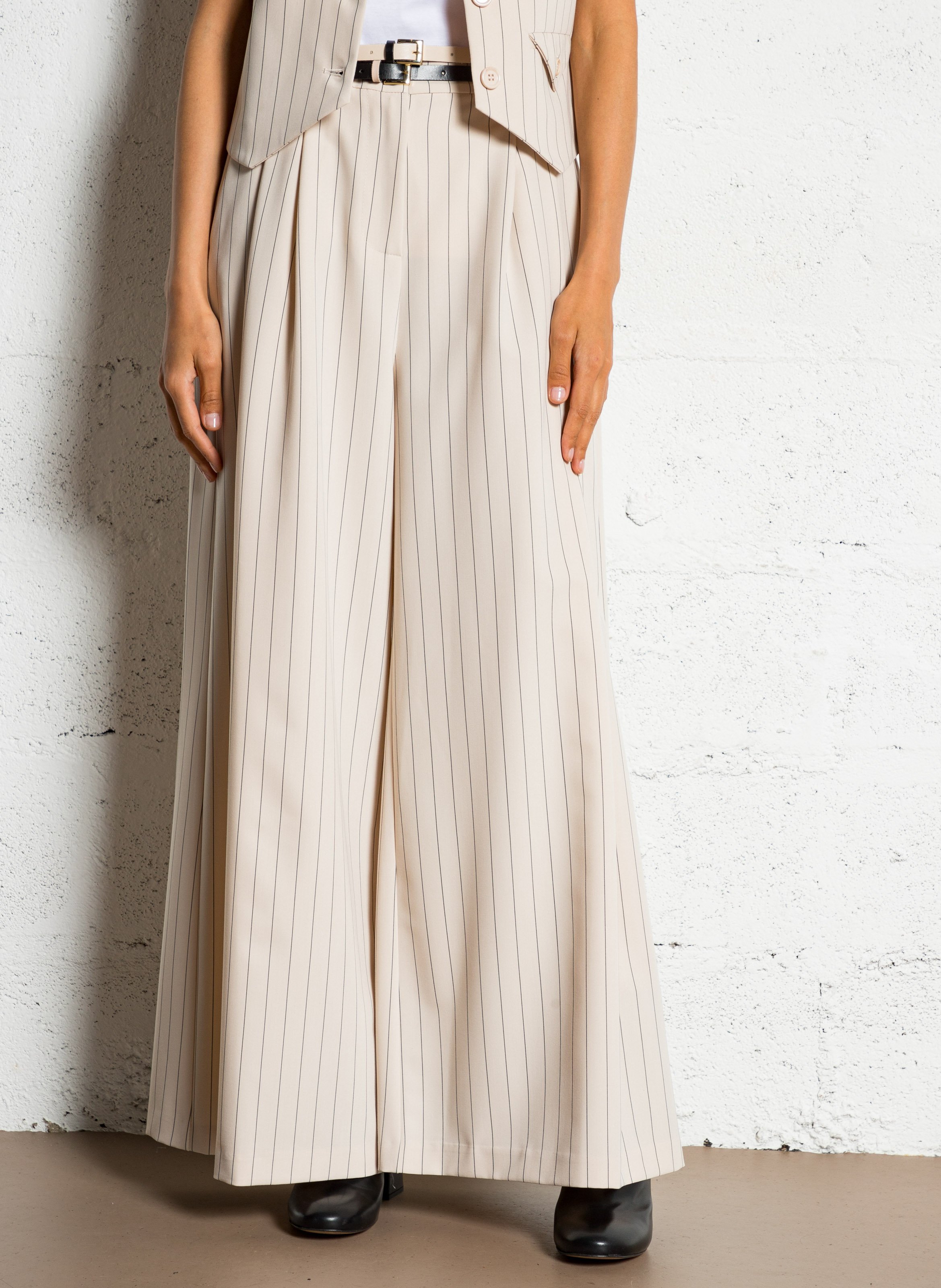 Wide-leg striped pants with double belt IMPERIAL Beige