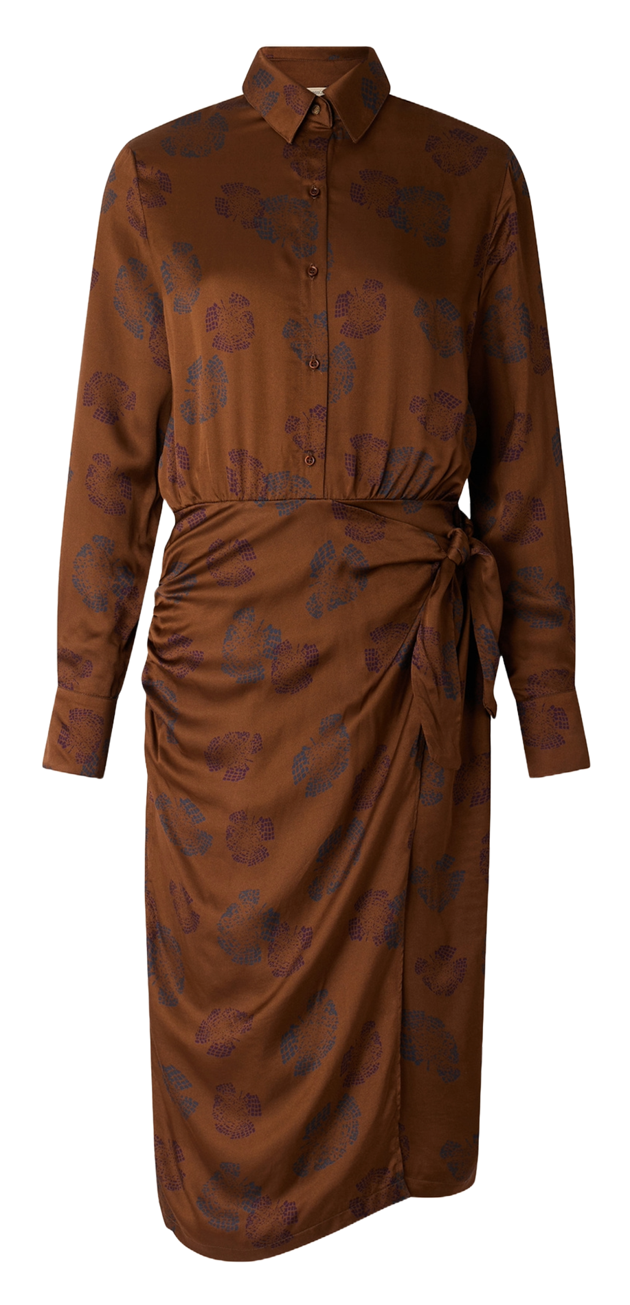 Robe portefeuille col classique imprimée en satin SESSUN Marron