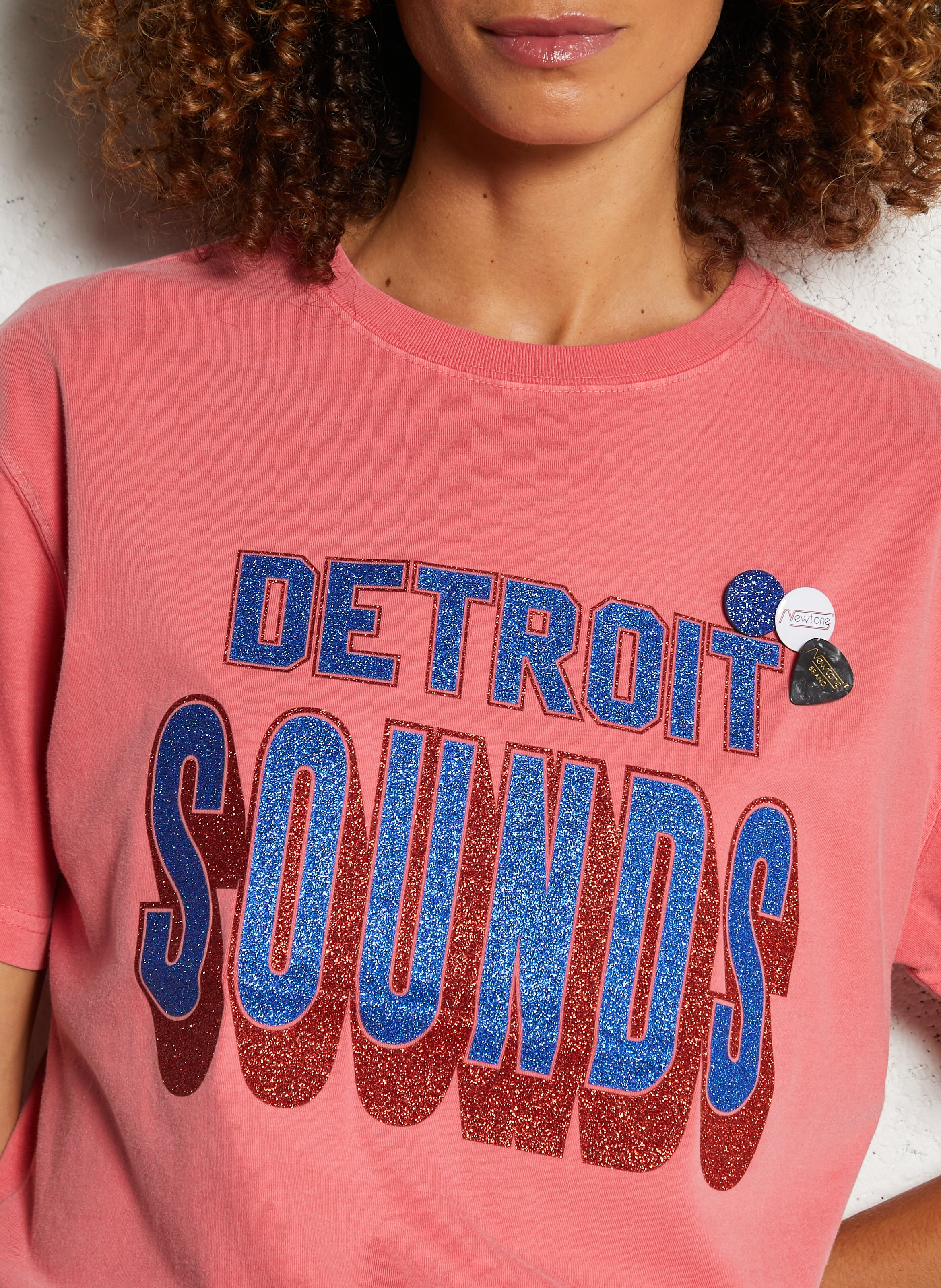 Straight round neck T-shirt with sequin screen print in cotton NEWTONE Pink