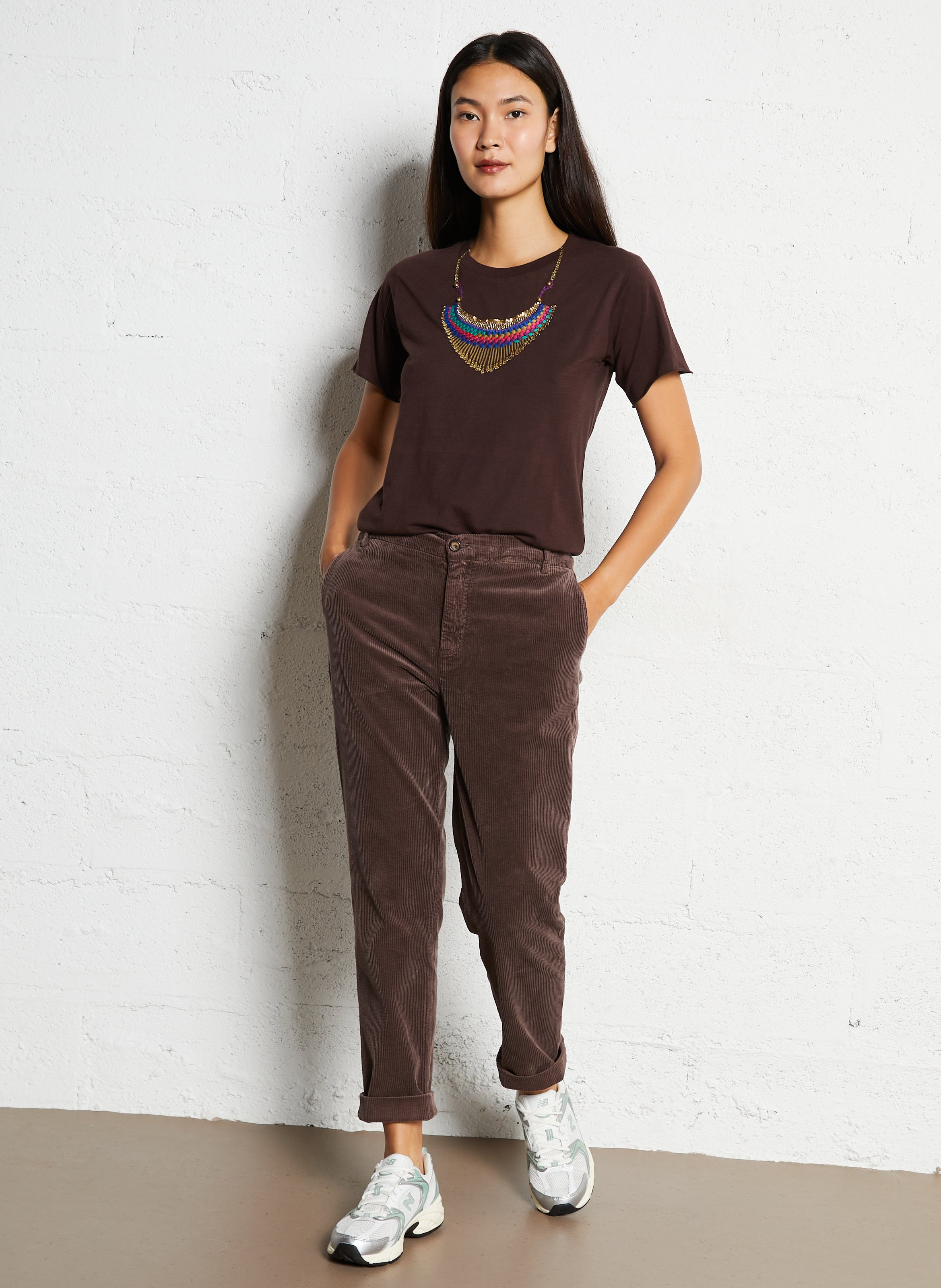 T-shirt van biokatoen met ronde hals LEON & HARPER Bruin