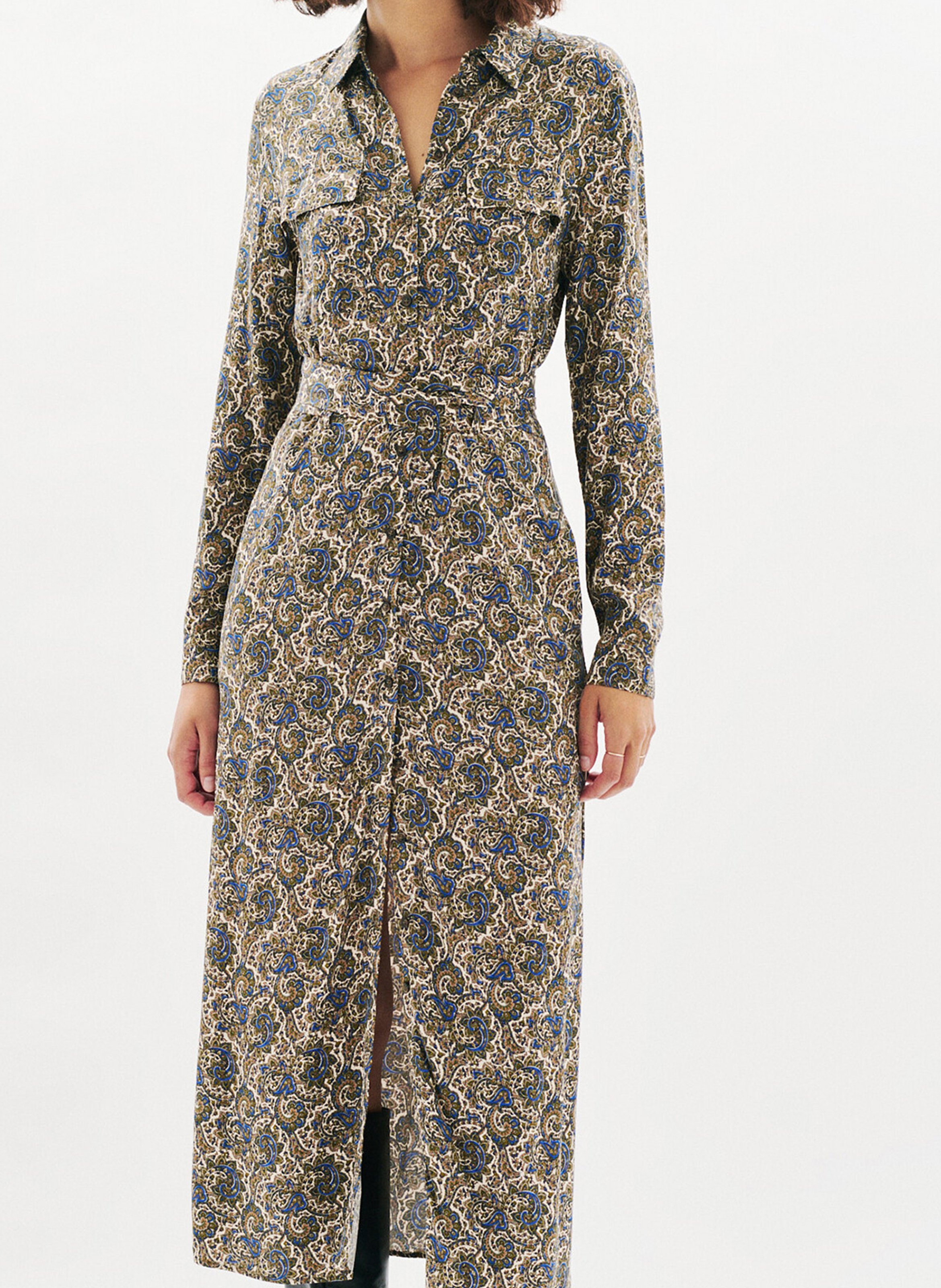 Halflange jurk met V-hals en print CAROLL Beige