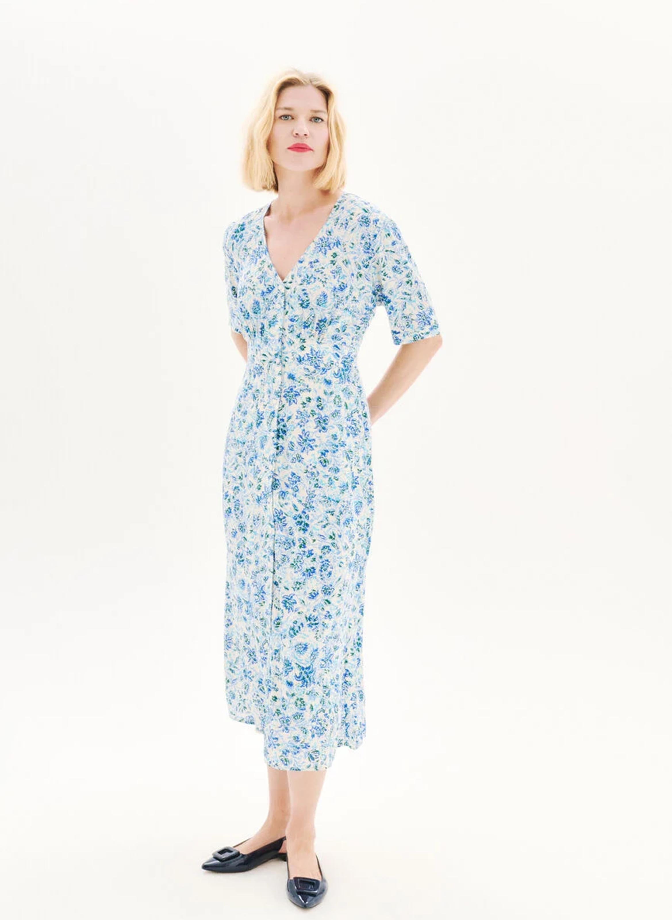 Flowing V-neck printed midi dress CAROLL Blue