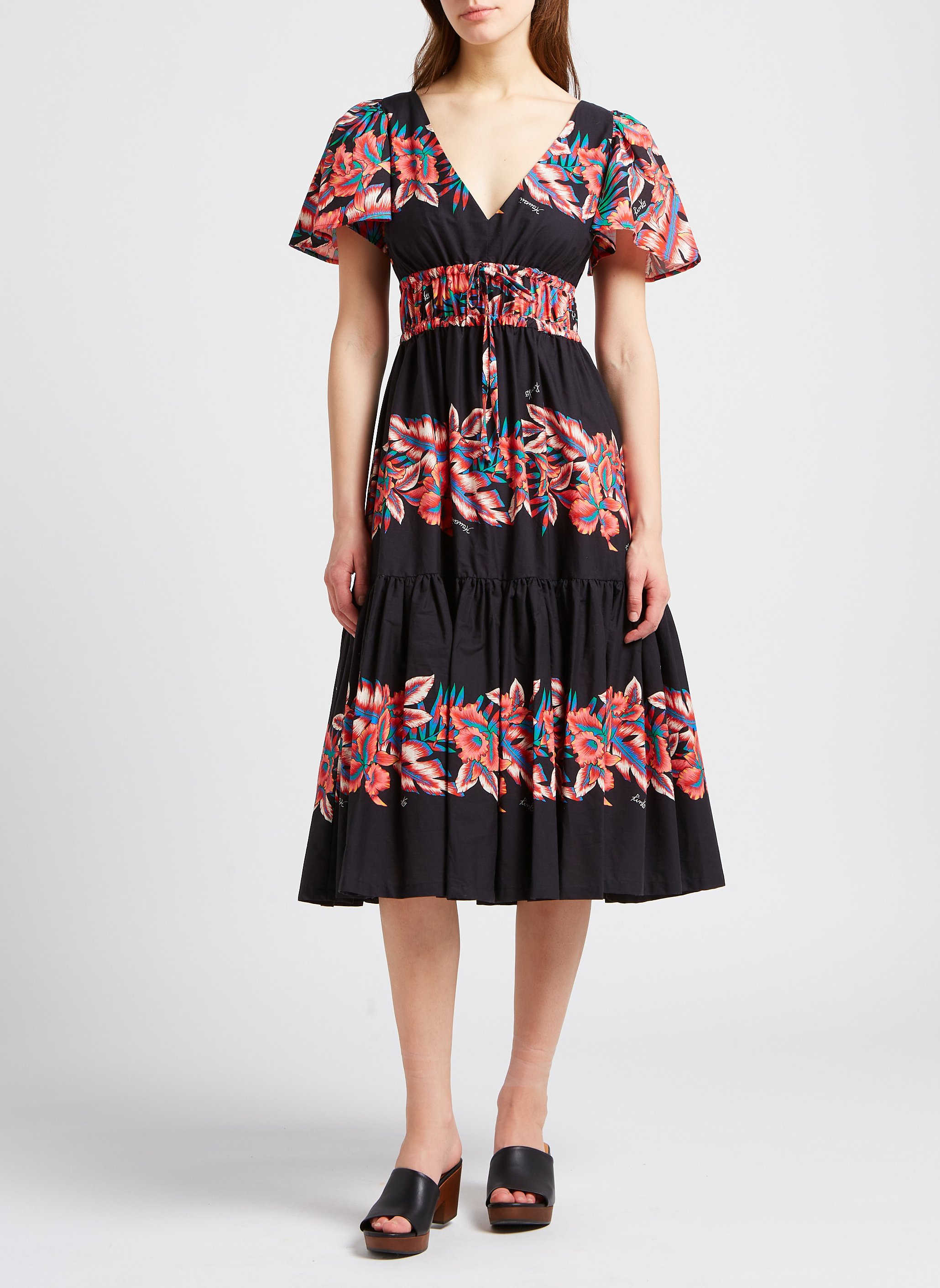 Long tropical print cotton V-neck dress PINKO Multicolored