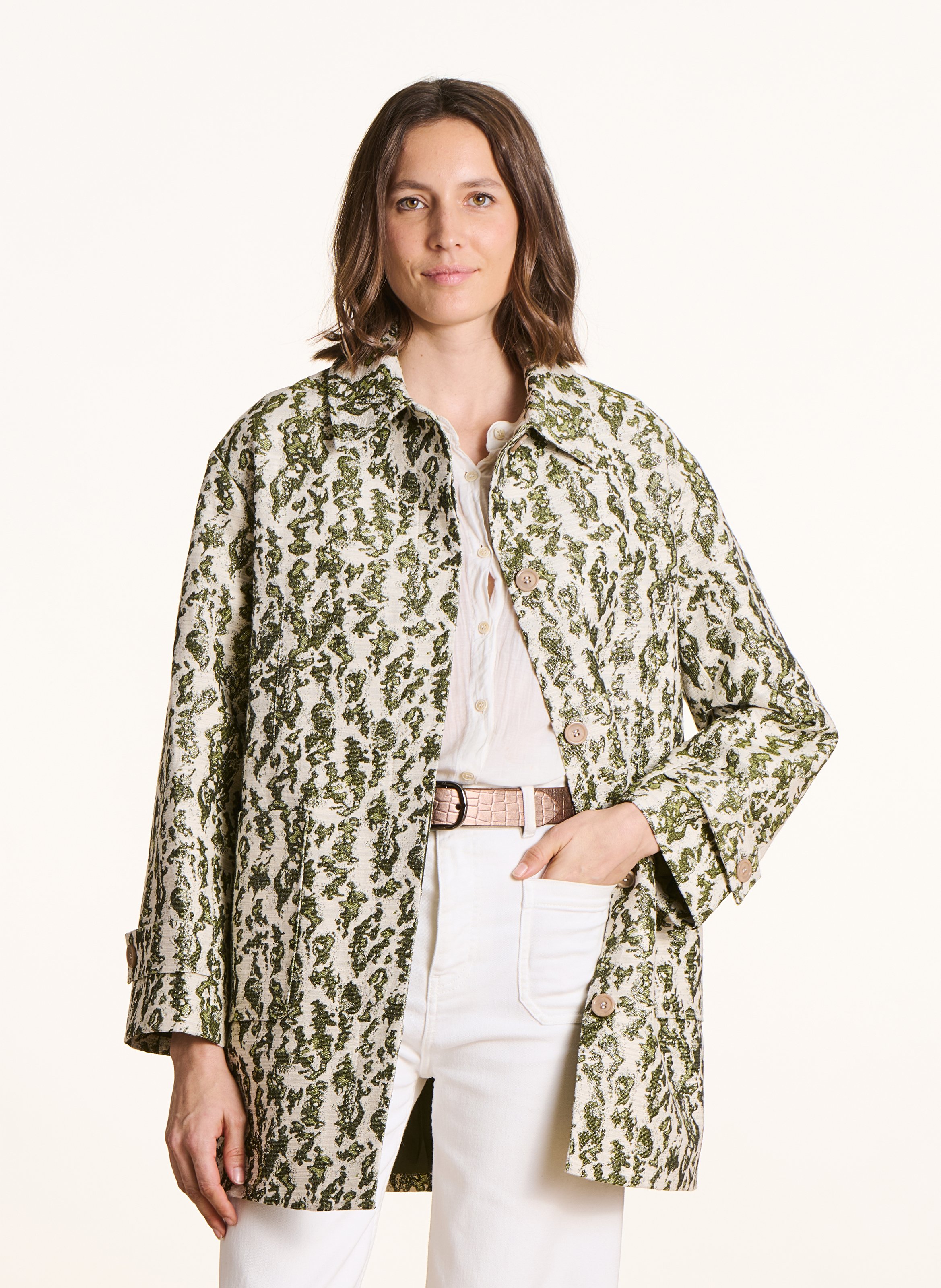 Manteau 3/4 droit tissu jacquard LA FEE MARABOUTEE Vert