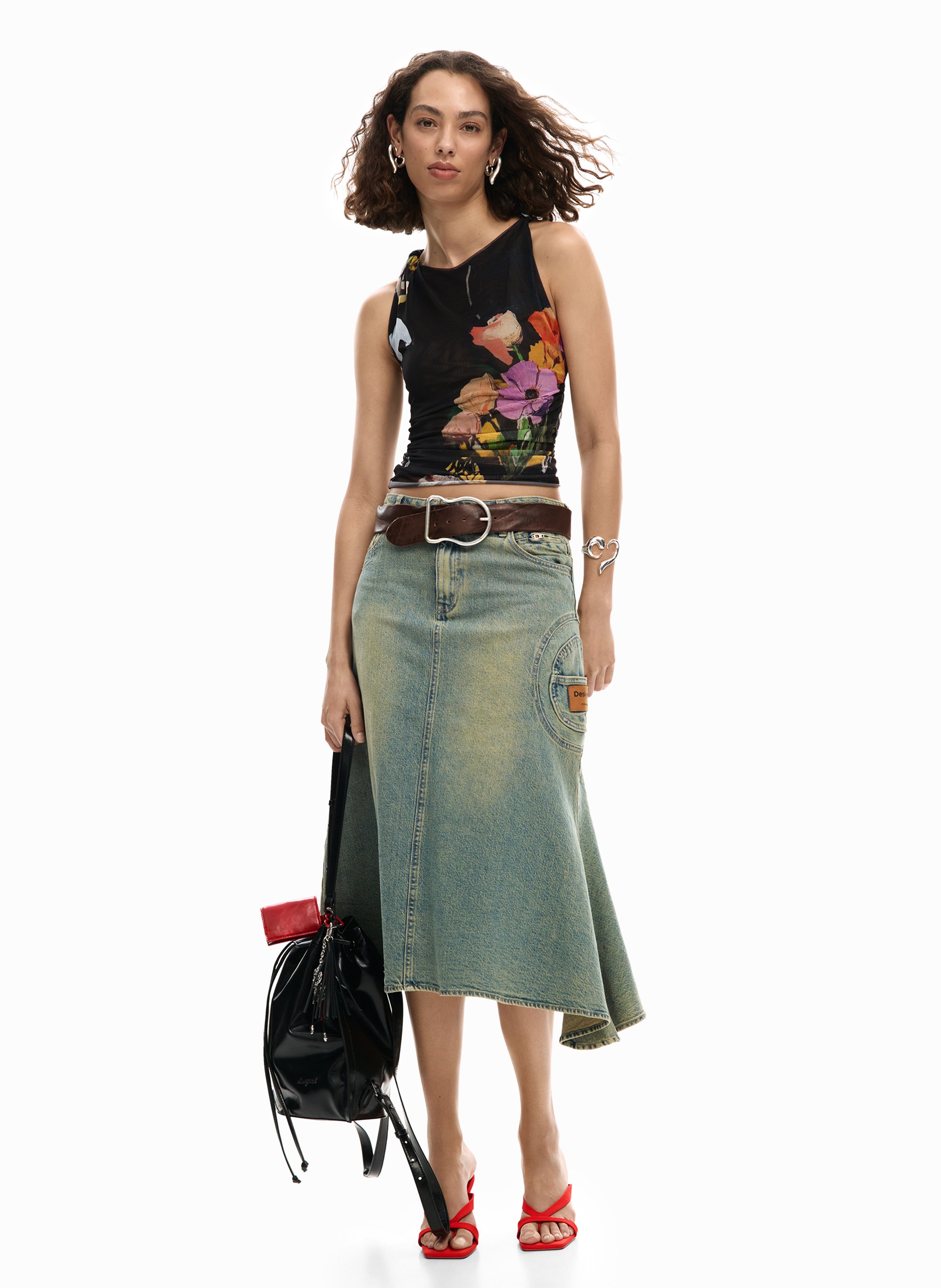 Mouwloze top van tule met bloemen DESIGUAL Zwart