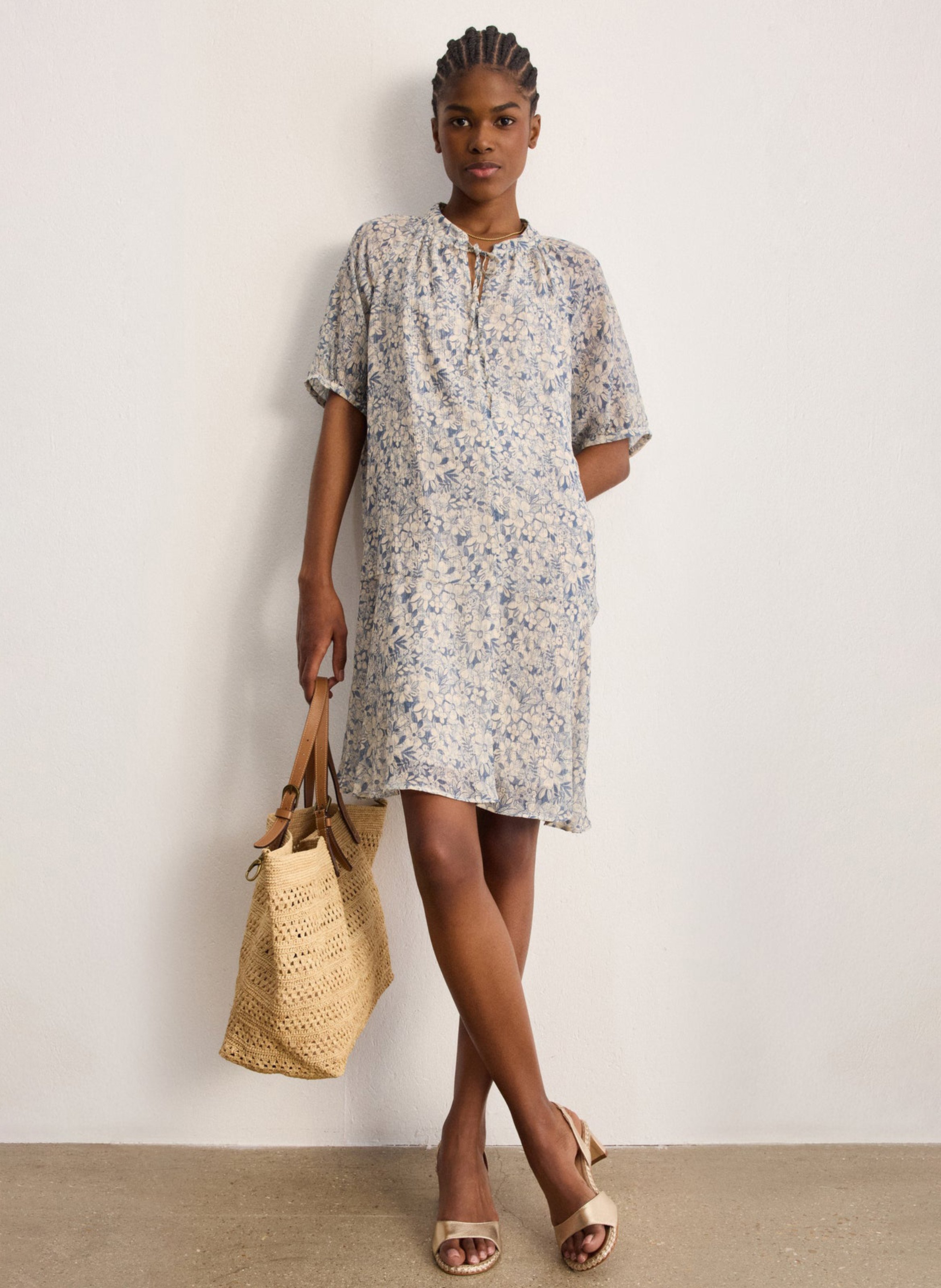 Halflange jurk met ronde hals en print PABLO Blauw