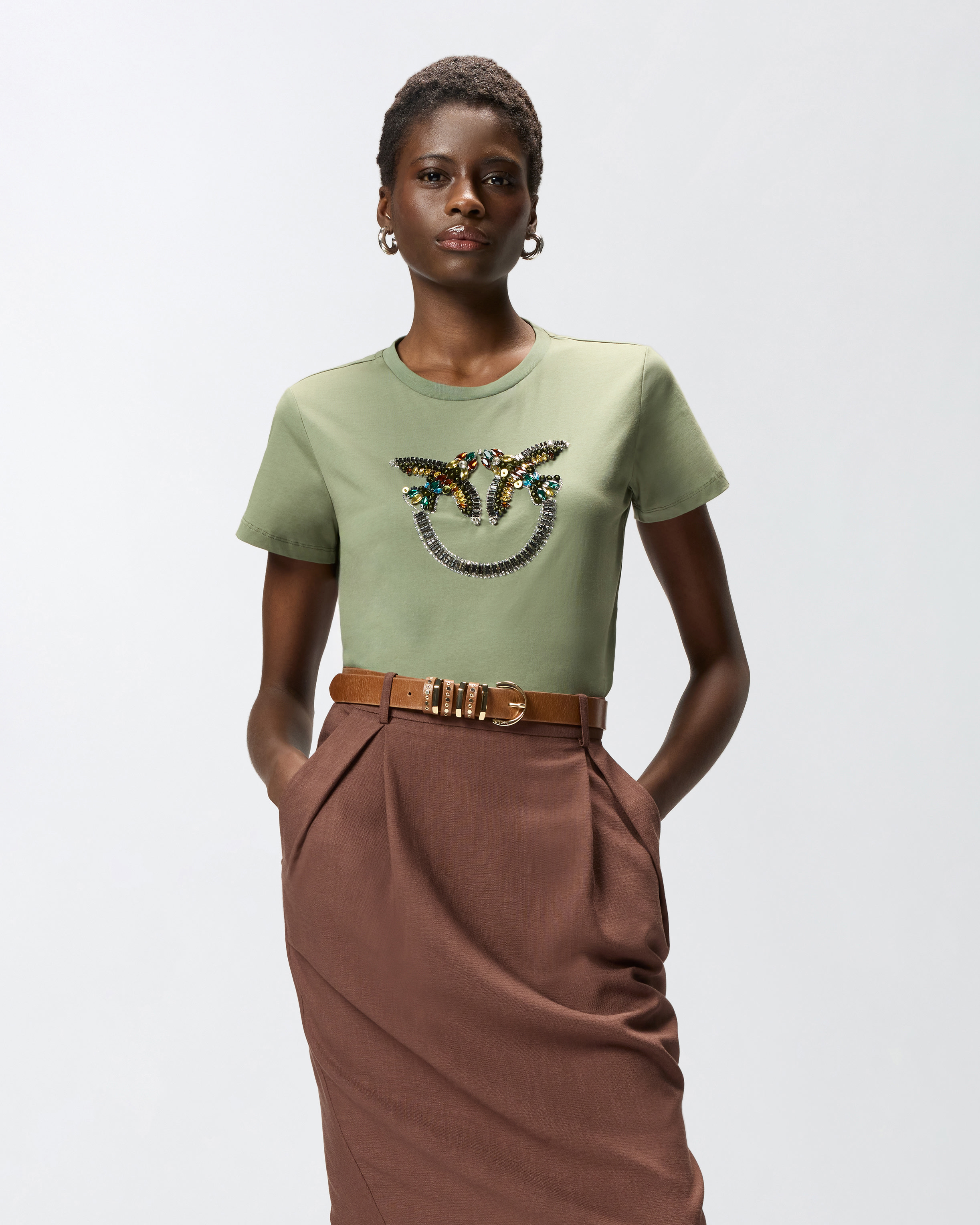 T-shirt avec maxi broderie bijou love birds PINKO Vert