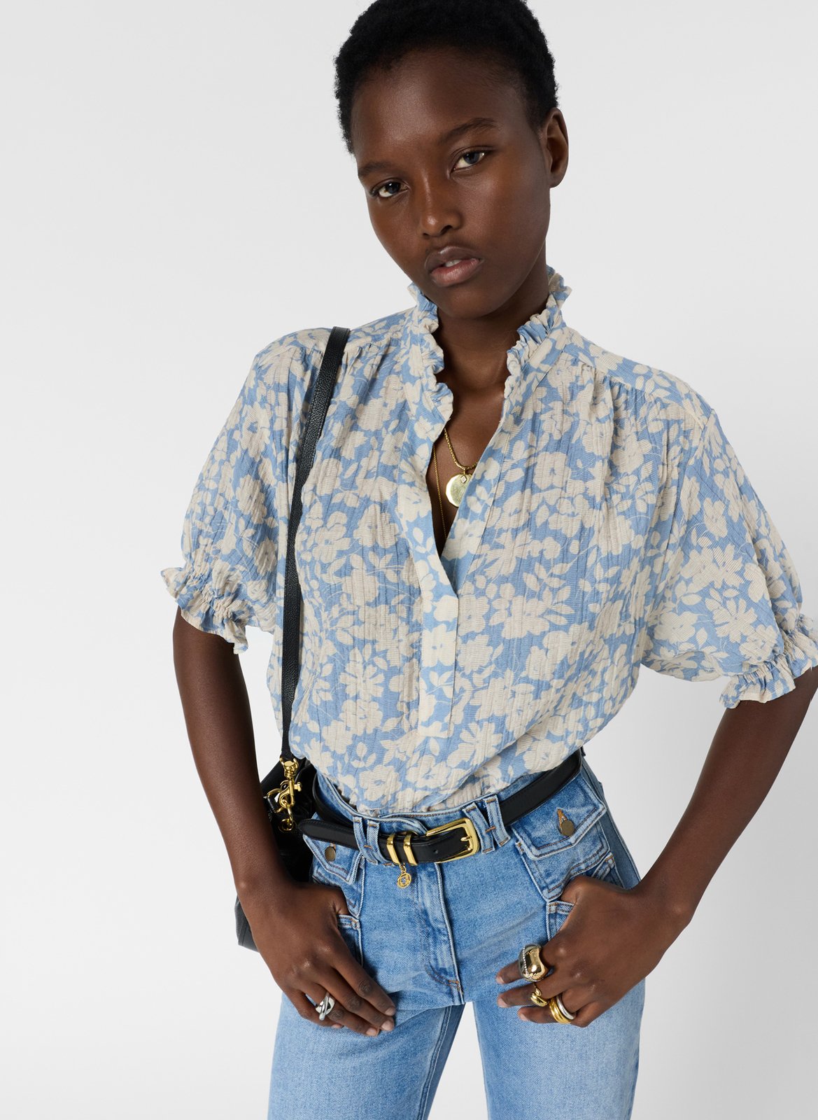 Top à imprimé fleuri col tunisien GERARD DAREL Bleu