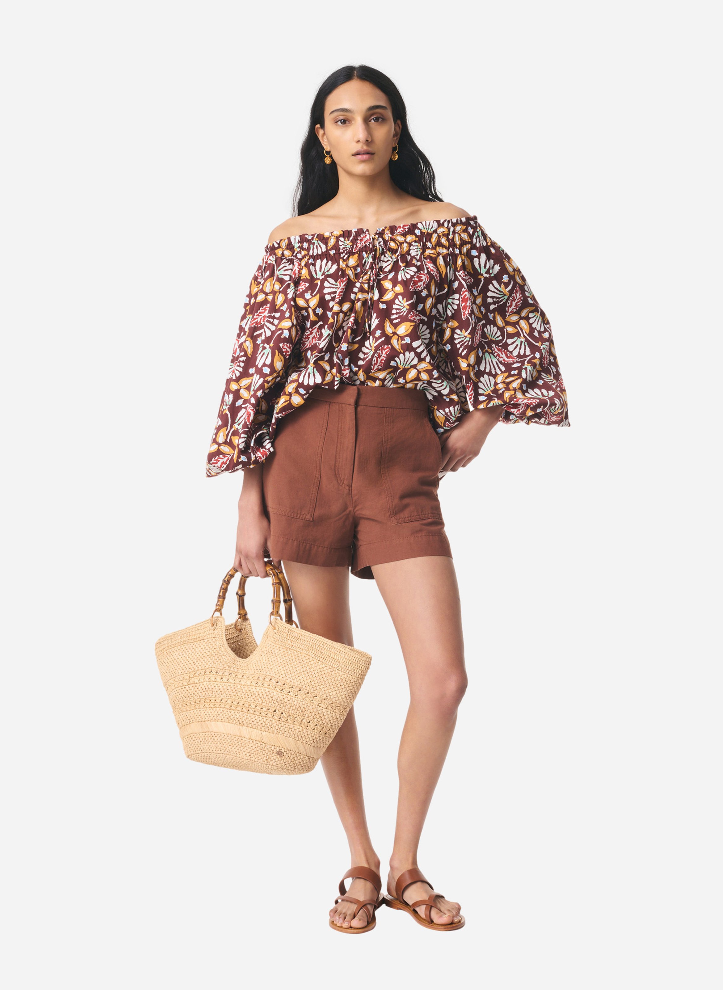 Blouse col élastiqué à motif floral VANESSA BRUNO Marron