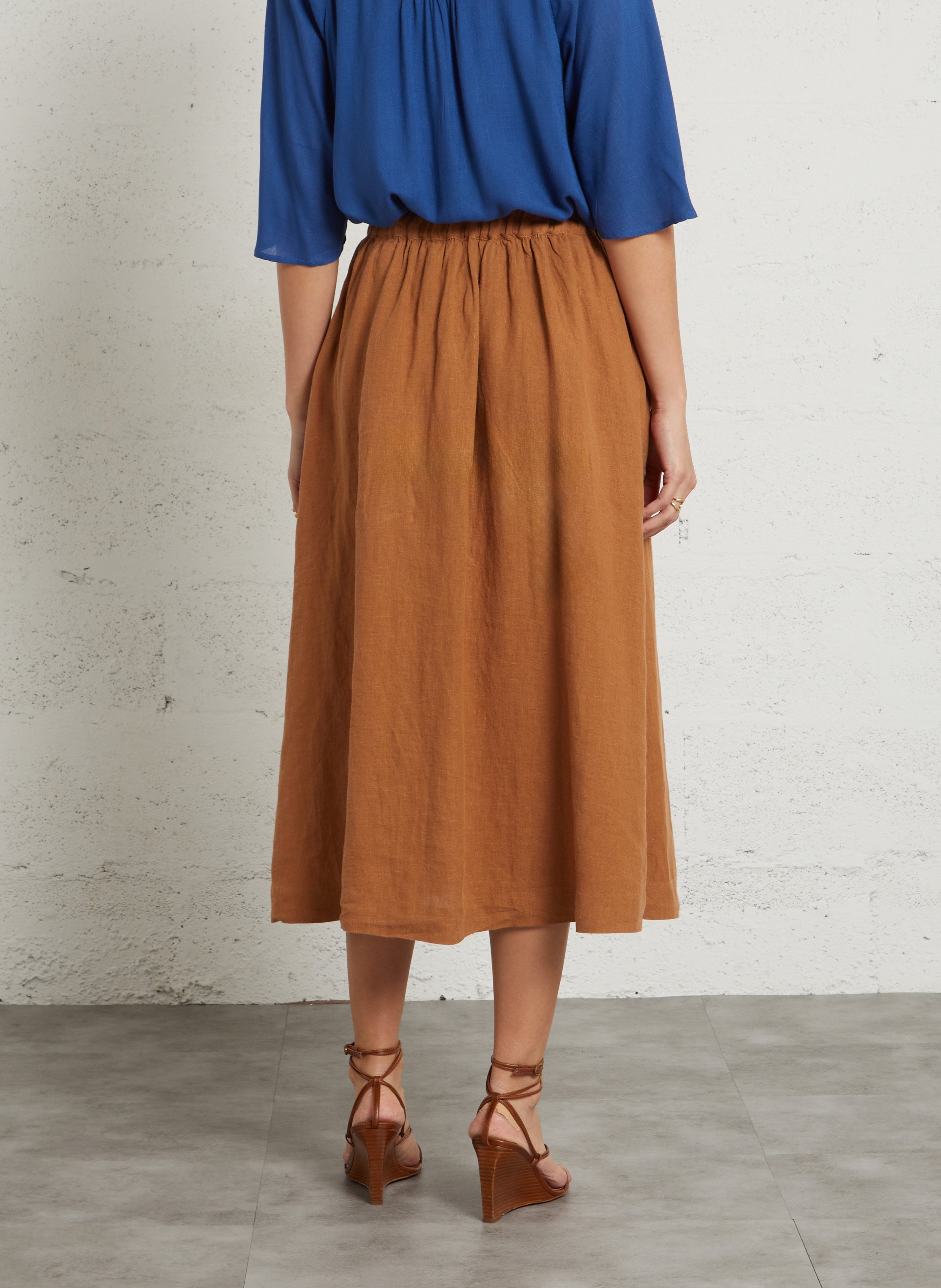 Jupe midi unie en lin MAISON 123 Marron