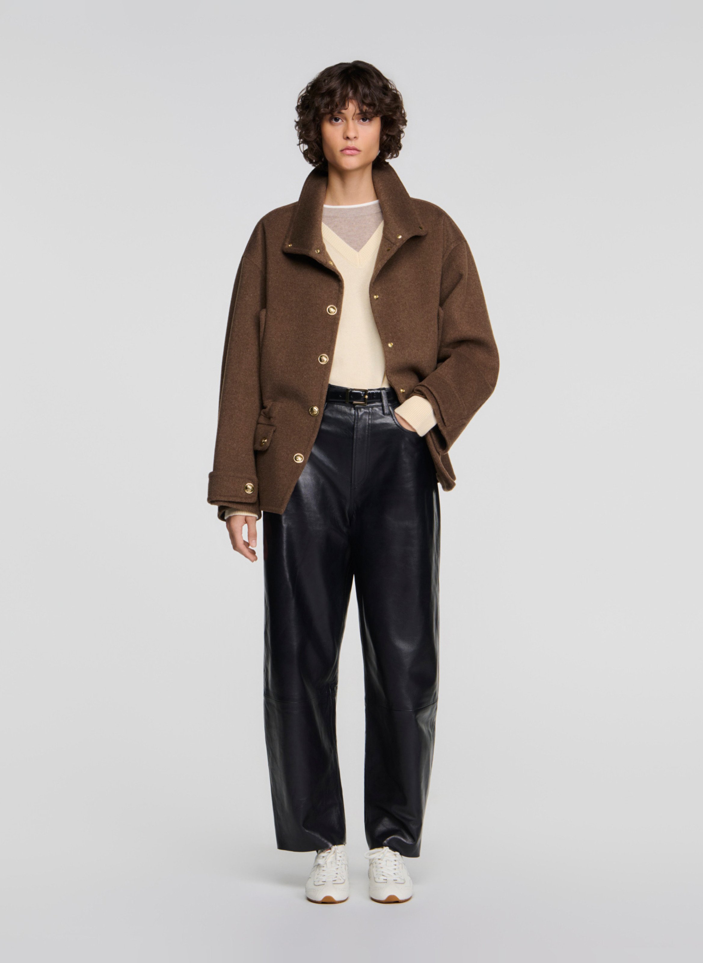 Manteau ample col montant en laine mélangée SANDRO Kaki