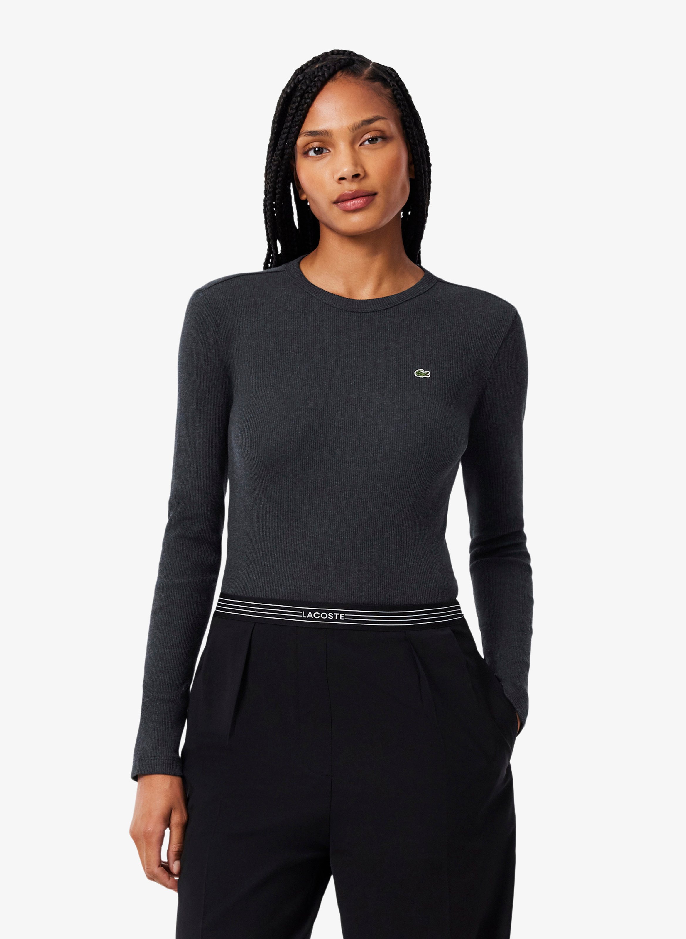 Tee-shirt col rond ajusté en coton LACOSTE Marron