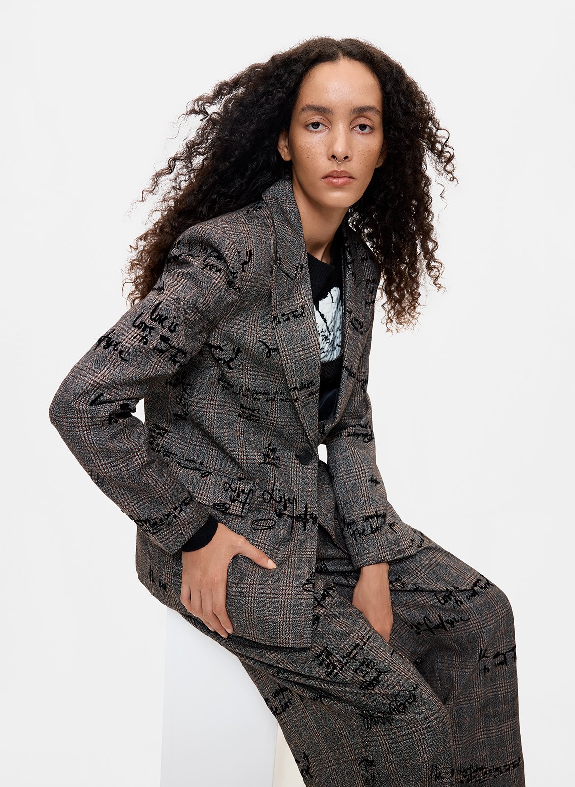 Veste slim col tailleur à carreaux imprimée DESIGUAL Zwart