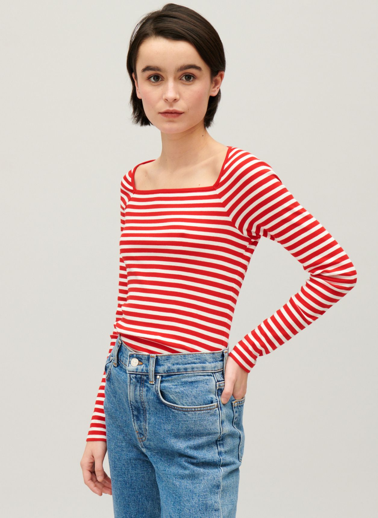 Striped Fitted Square neck Cotton T shirt Rouge Claudie Pierlot