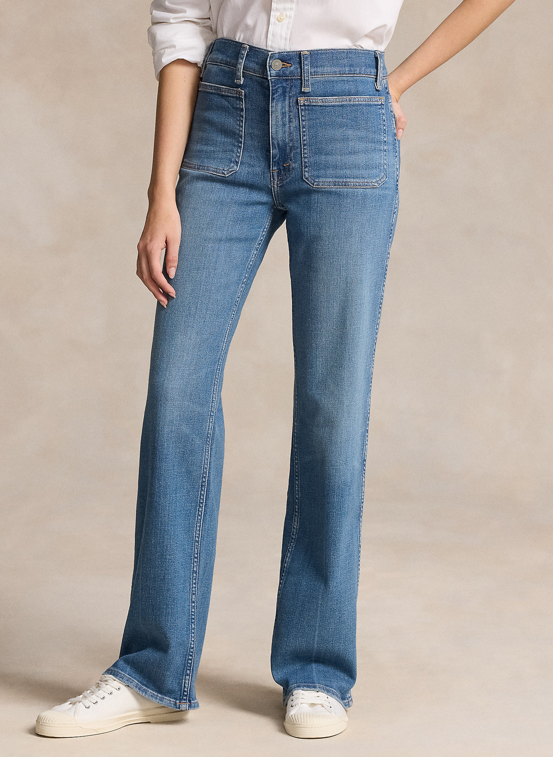 Jean bootcut taille haute en coton melange Bleu