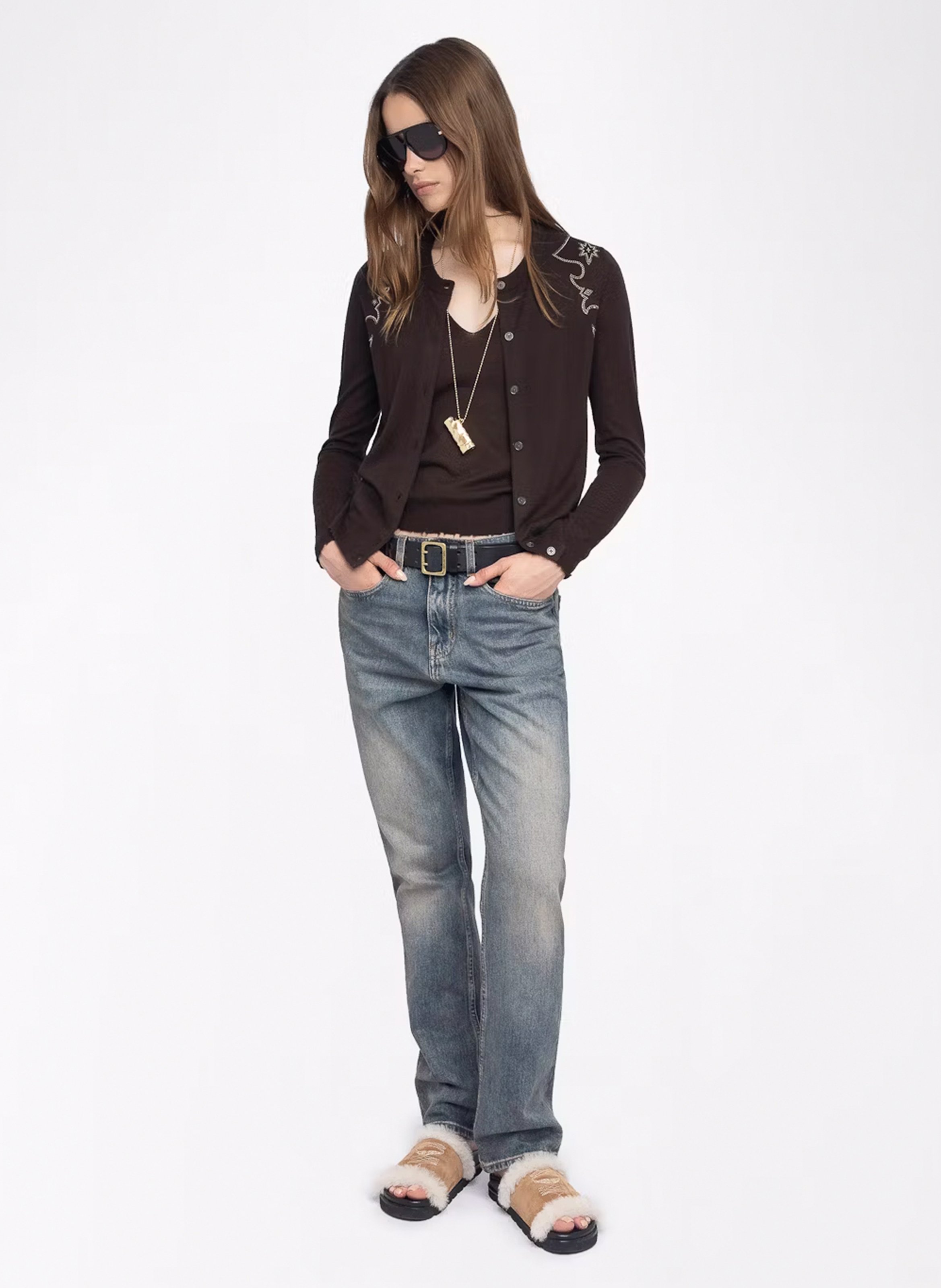 Geknöpfter Strick-Cardigan mit Strass aus Kaschmir ZADIG&VOLTAIRE Braun