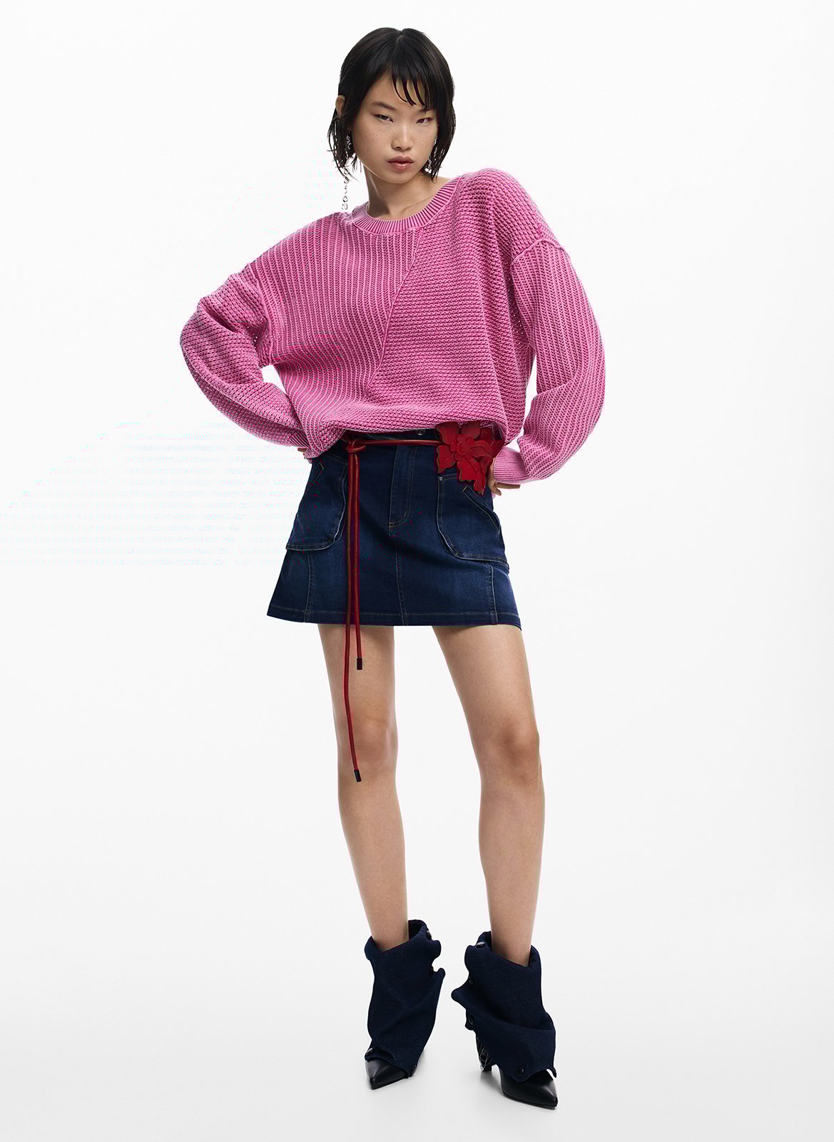 Pull ample col rond uni en coton mélangé DESIGUAL Rouge