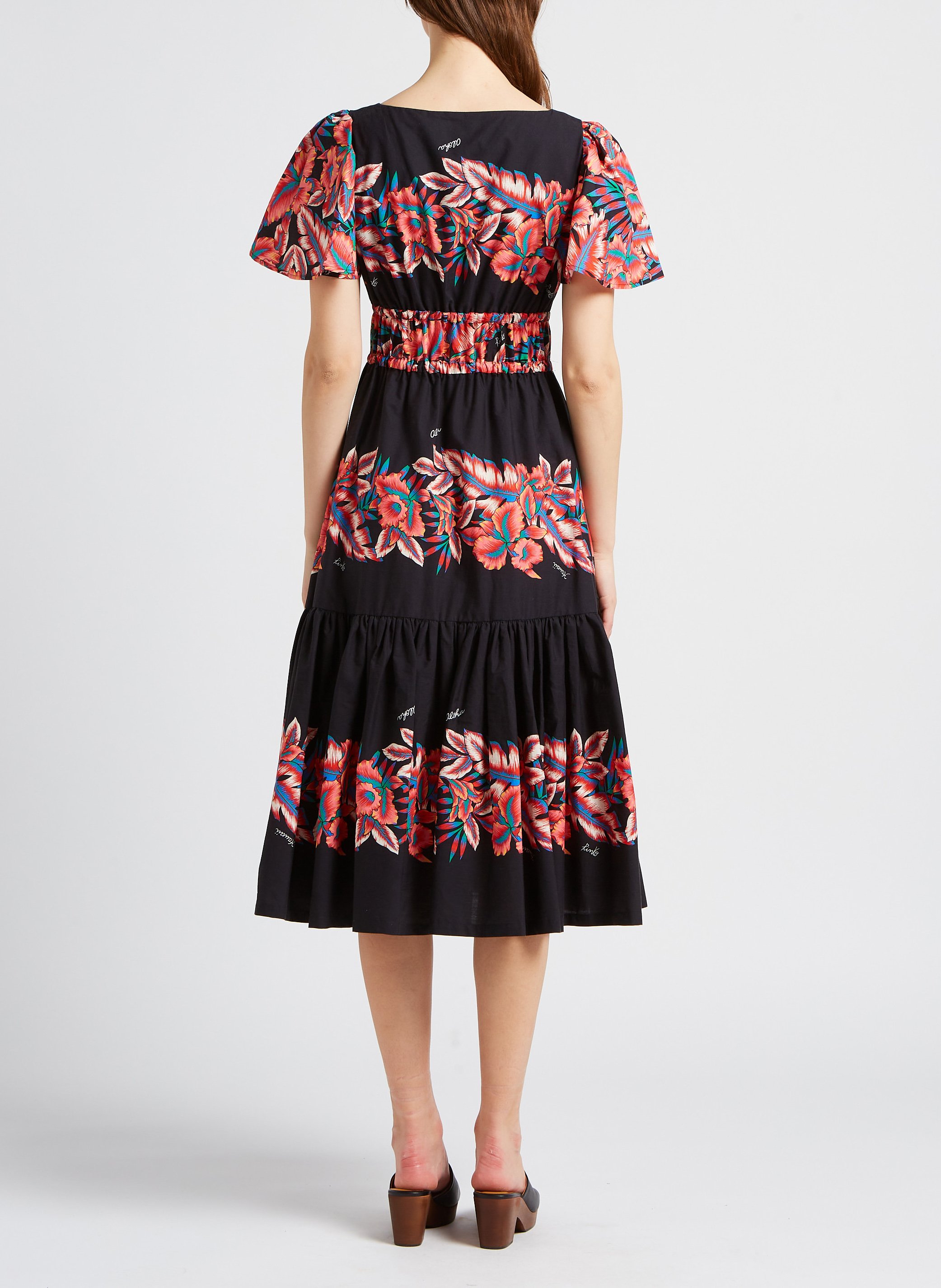 Long tropical print cotton V-neck dress PINKO Multicolored