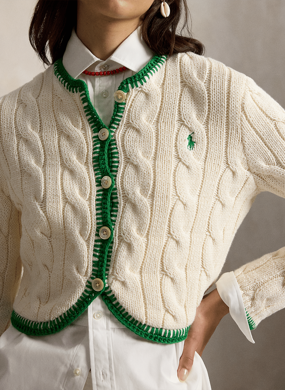 Gerade geschnittene Baumwollstrickjacke mit Rundhalskragen POLO RALPH LAUREN Weiss