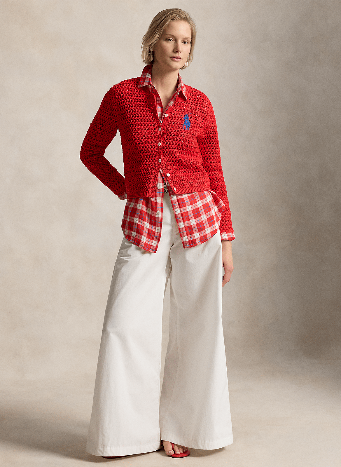 Cárdigan recto cuello redondo bordado en punto. POLO RALPH LAUREN Rojo