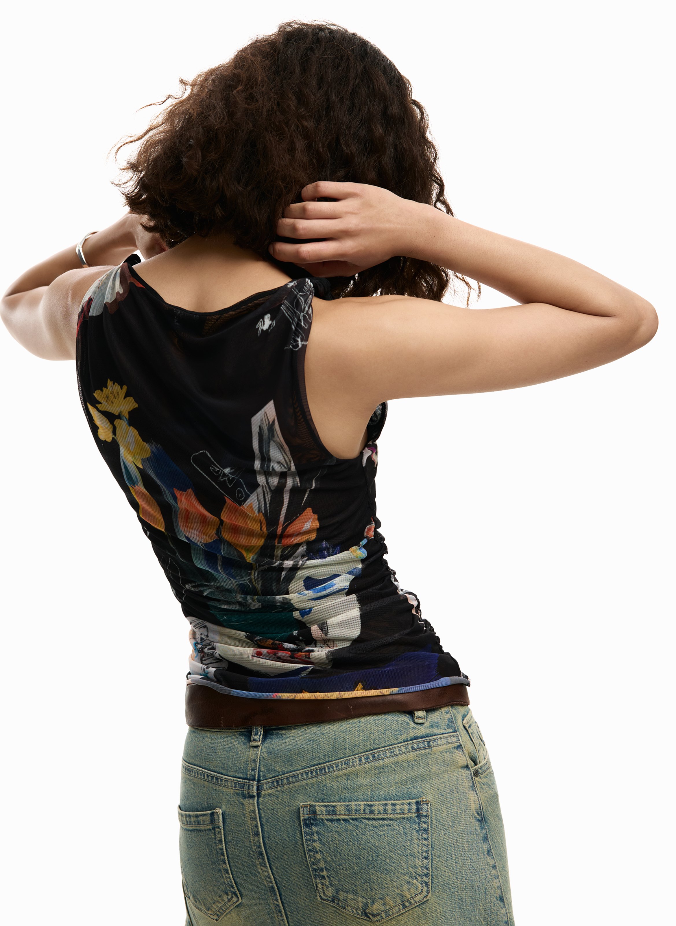 Mouwloze top van tule met bloemen DESIGUAL Zwart