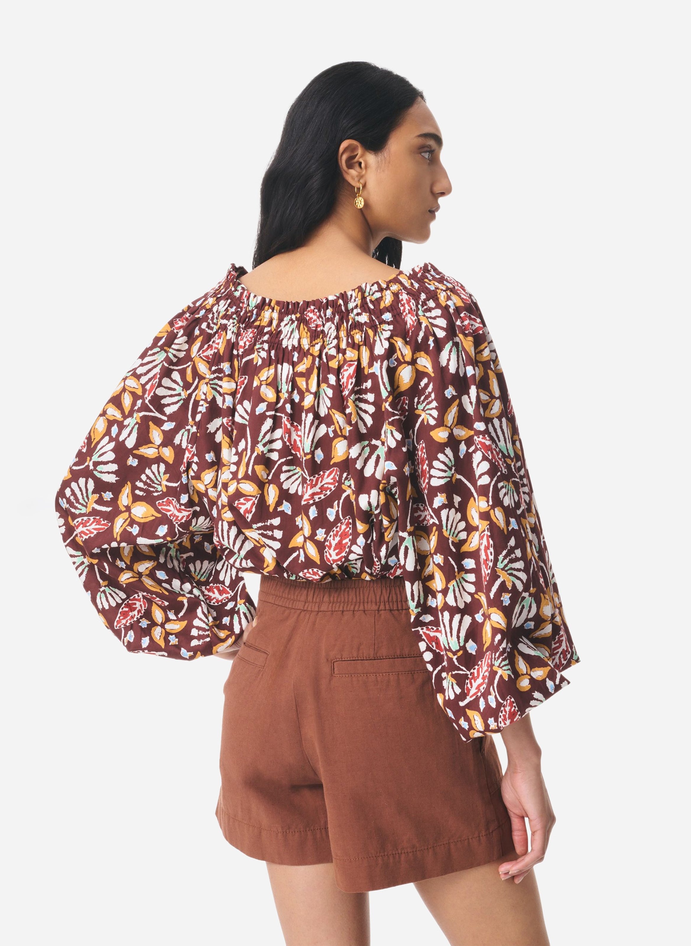 Blouse col élastiqué à motif floral VANESSA BRUNO Marron