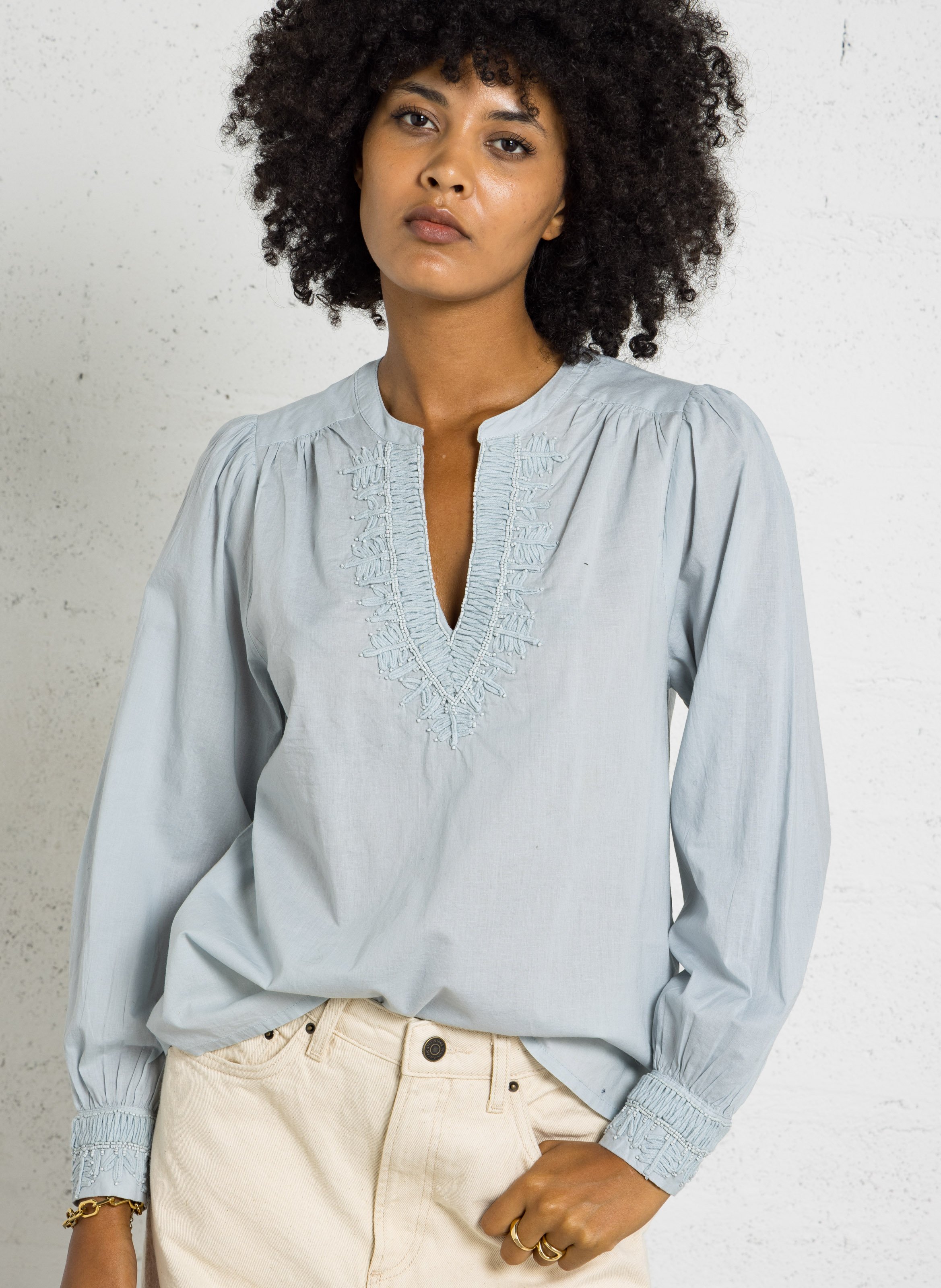 Blouse avec broderie en coton MAISON 123 Bleu