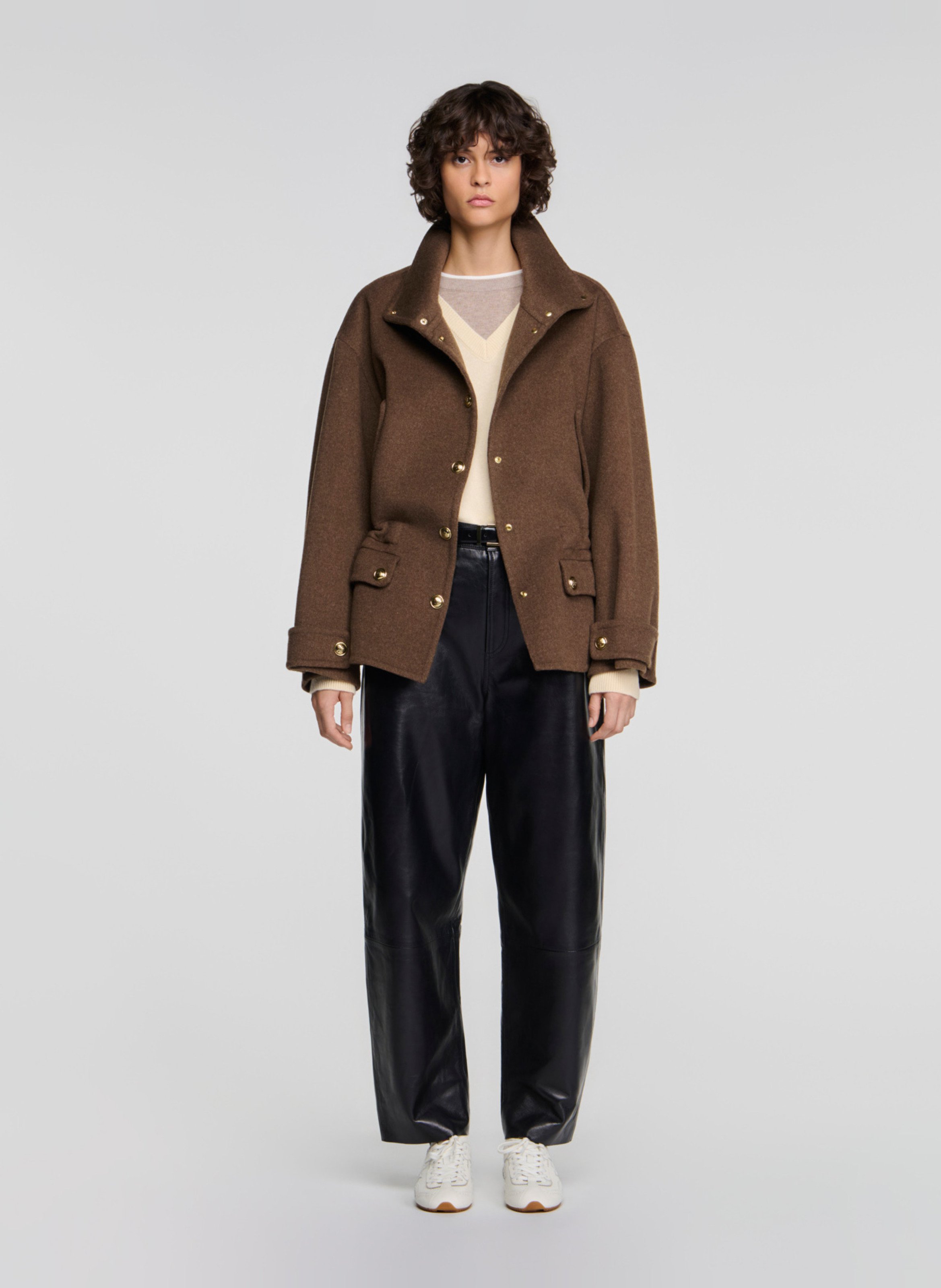 Manteau ample col montant en laine mélangée SANDRO Kaki