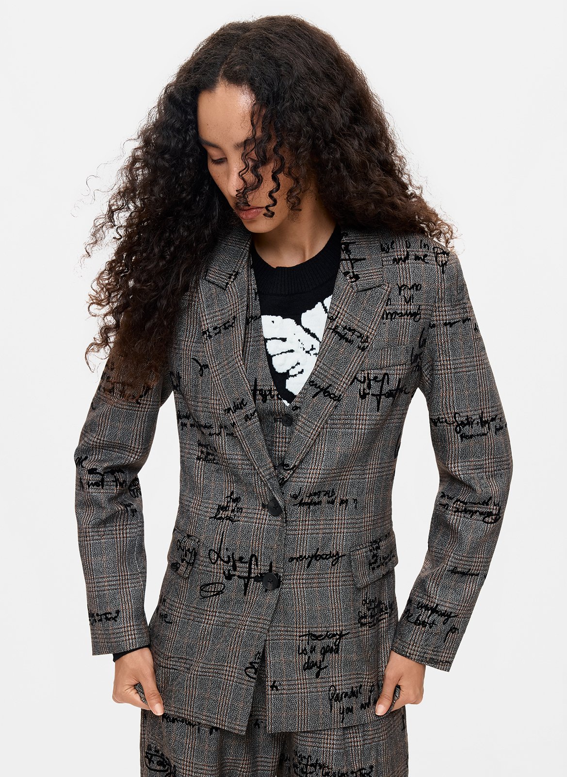 Veste slim col tailleur à carreaux imprimée DESIGUAL Zwart