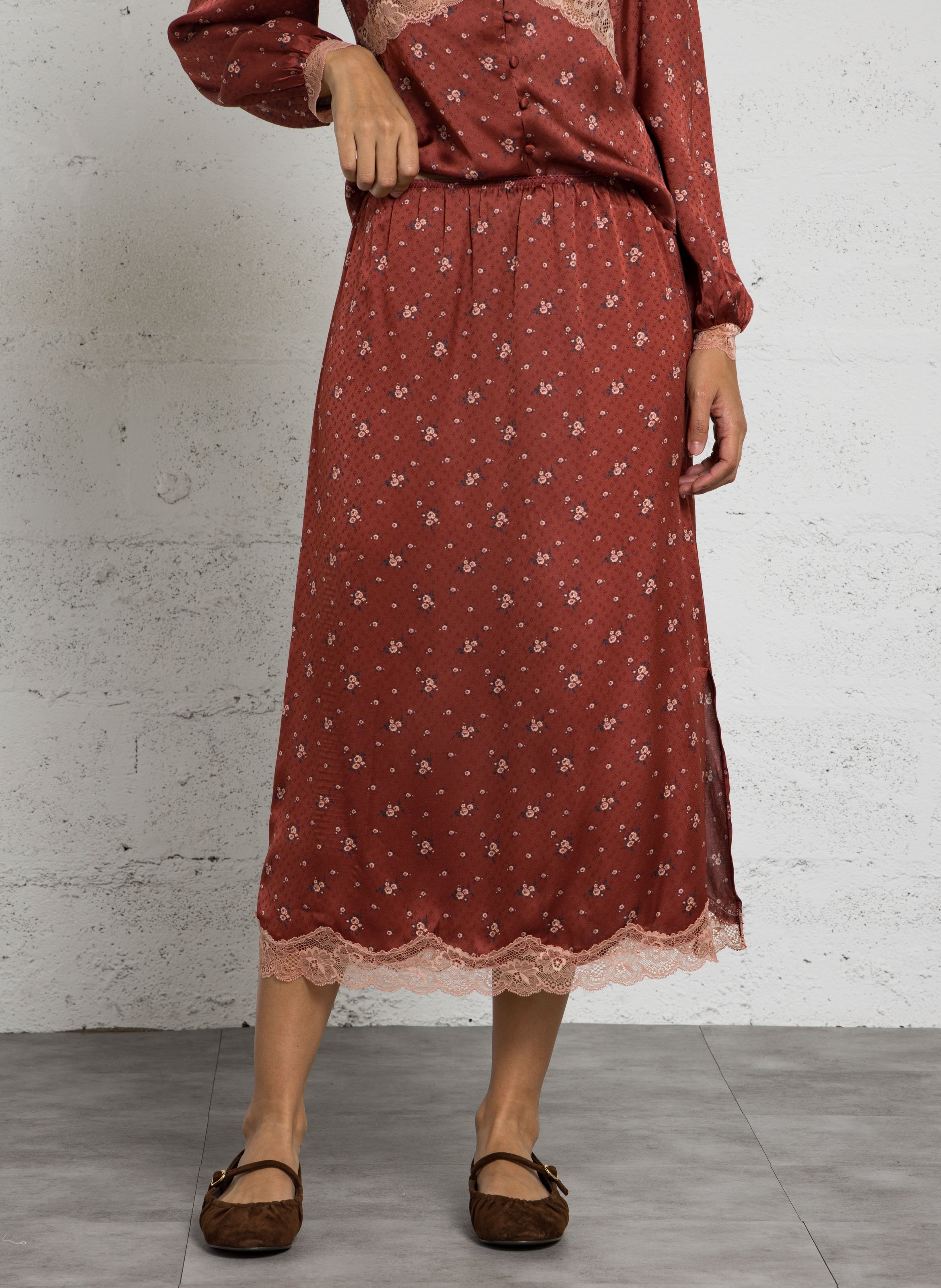 Midi rok met motieven en kanten afwerking PETITE MENDIGOTE Oranje