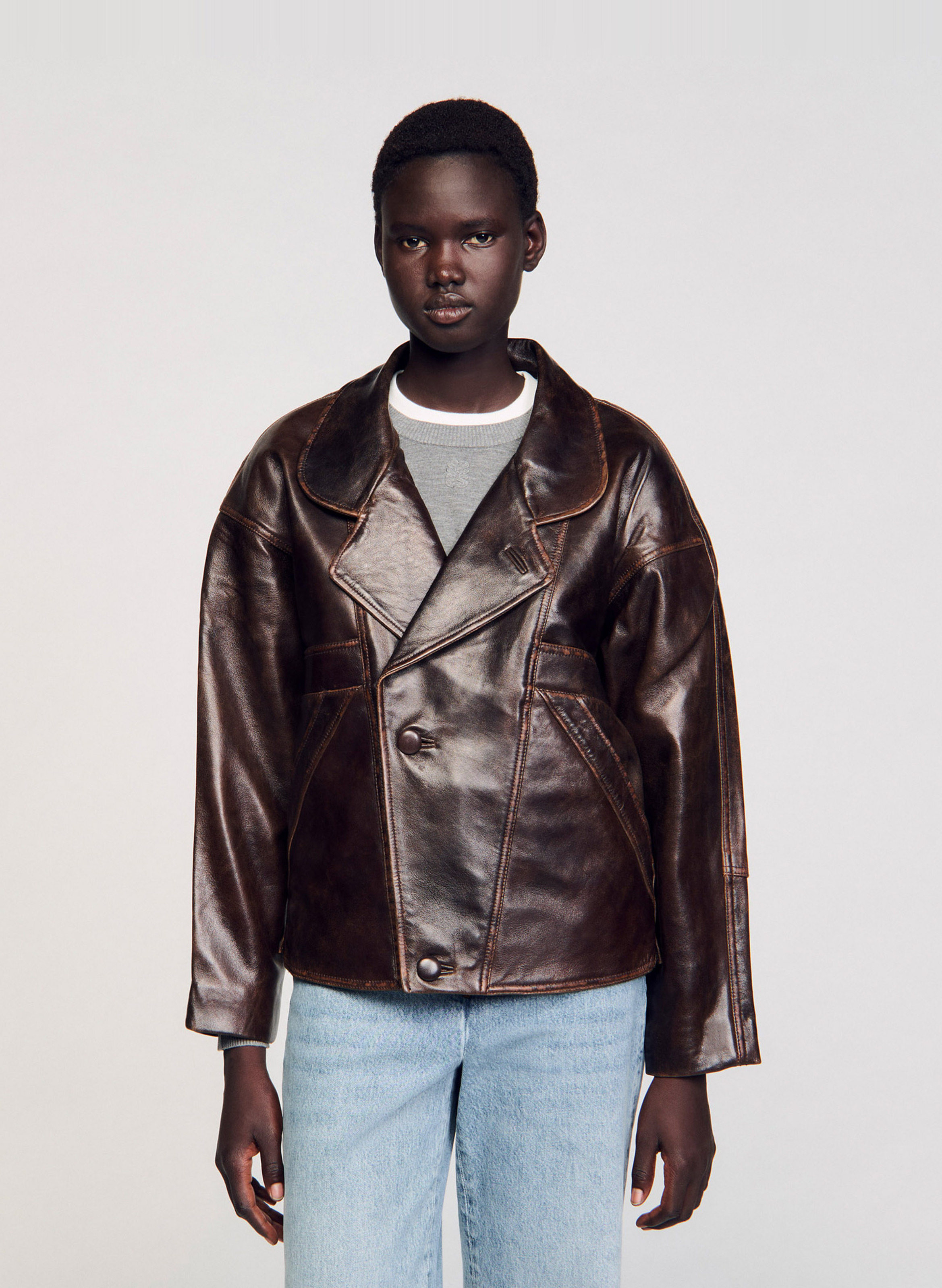 Veste col tailleur en cuir SANDRO Marron