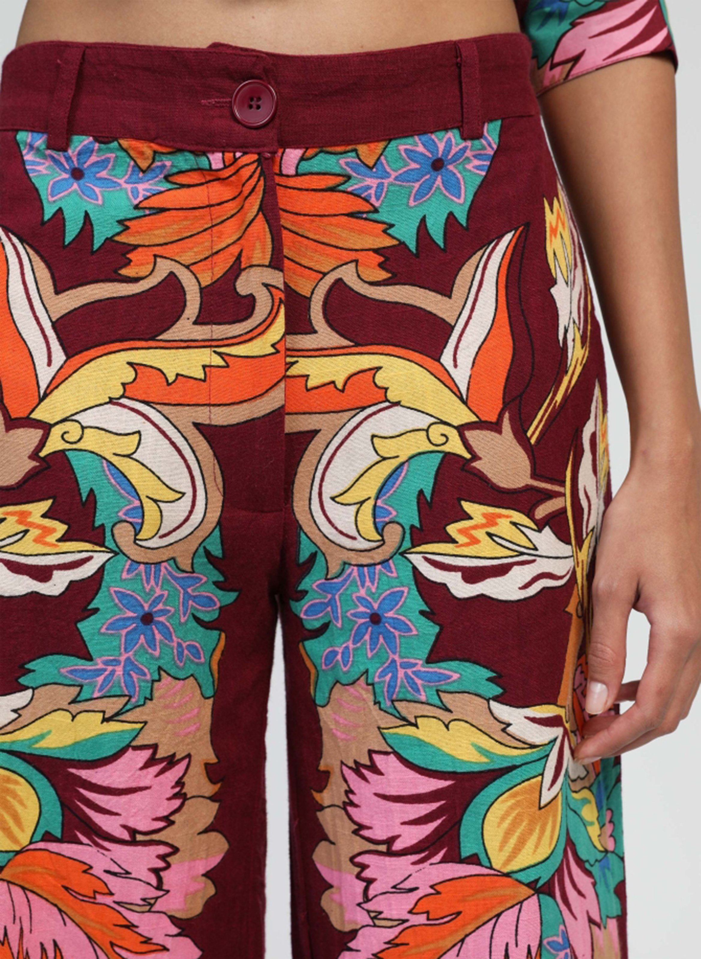 Weit geschnittene bedruckte Hose aus Baumwolle und Leinenmischung Rosa