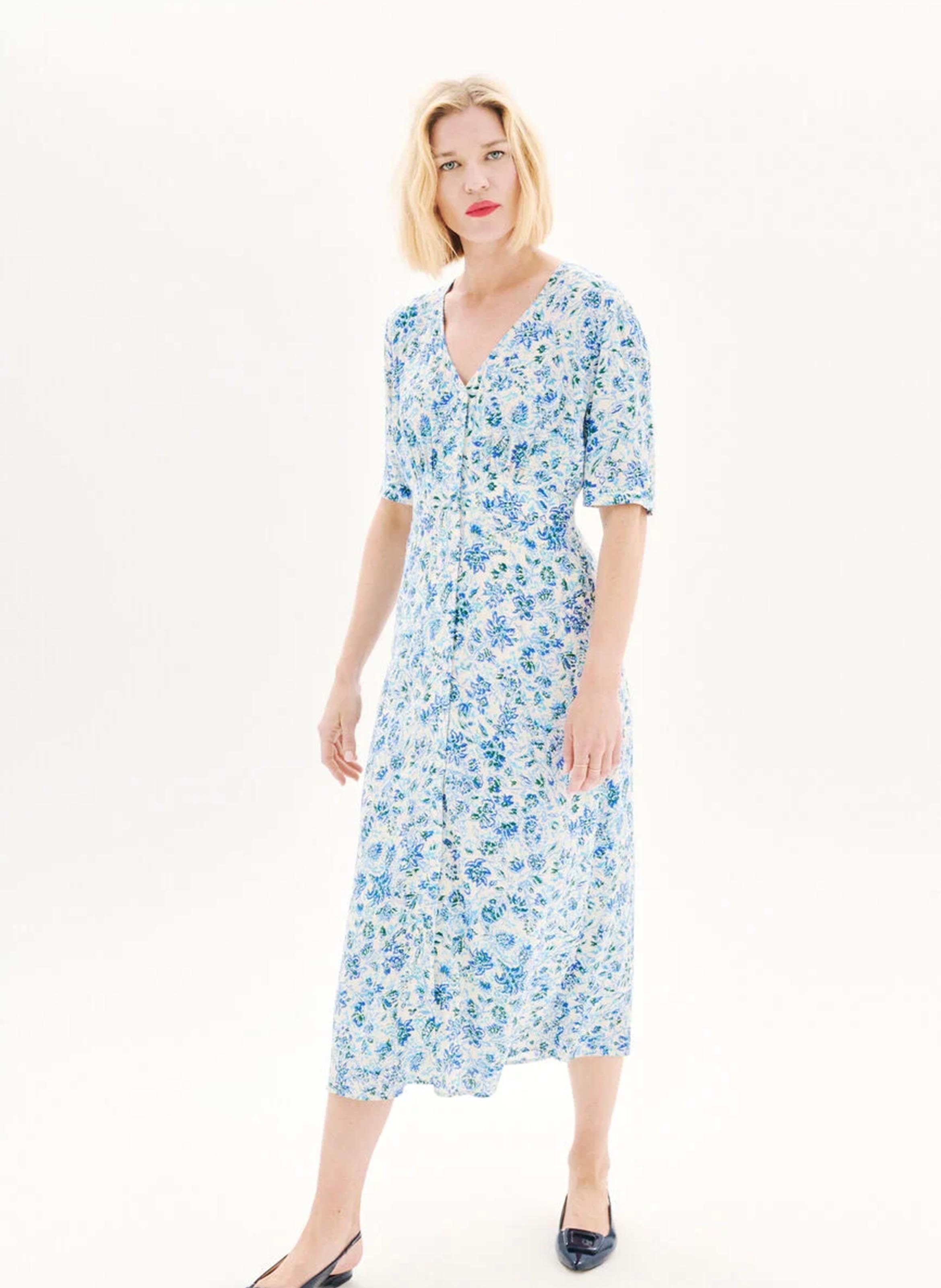 Flowing V-neck printed midi dress CAROLL Blue