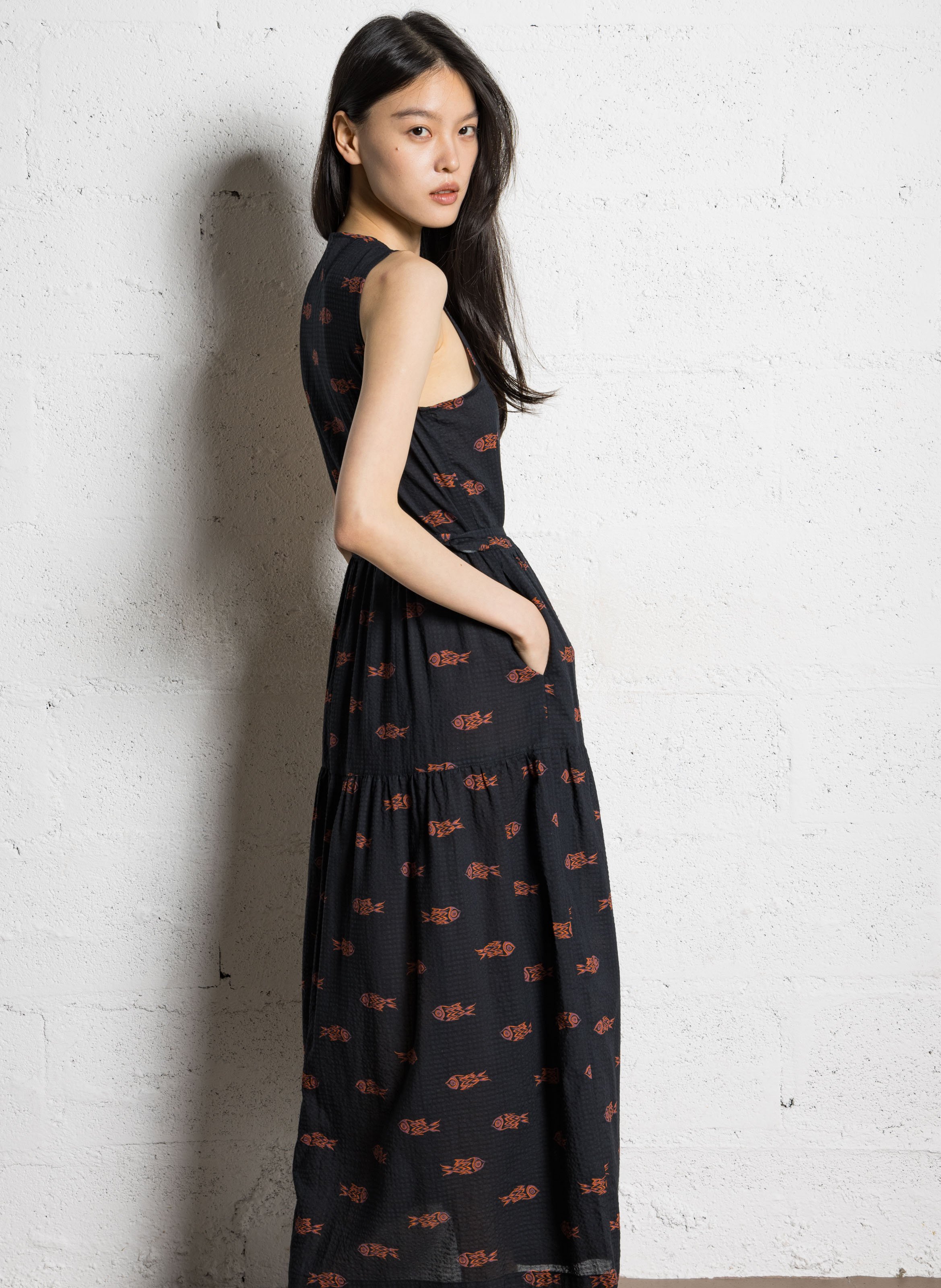 Long cotton-blend V-neck dress NICE THINGS Black
