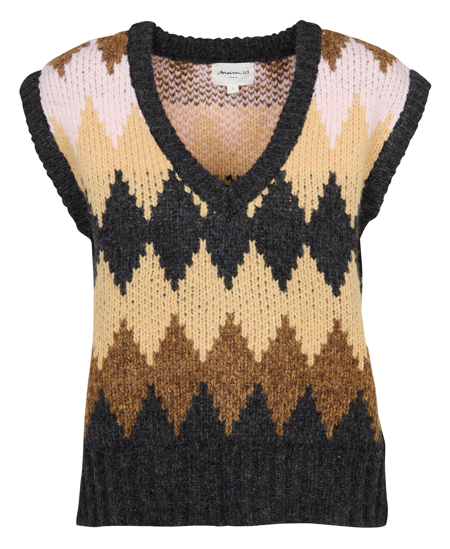 Pull droit col V en maille jacquard MAISON 123 Beige