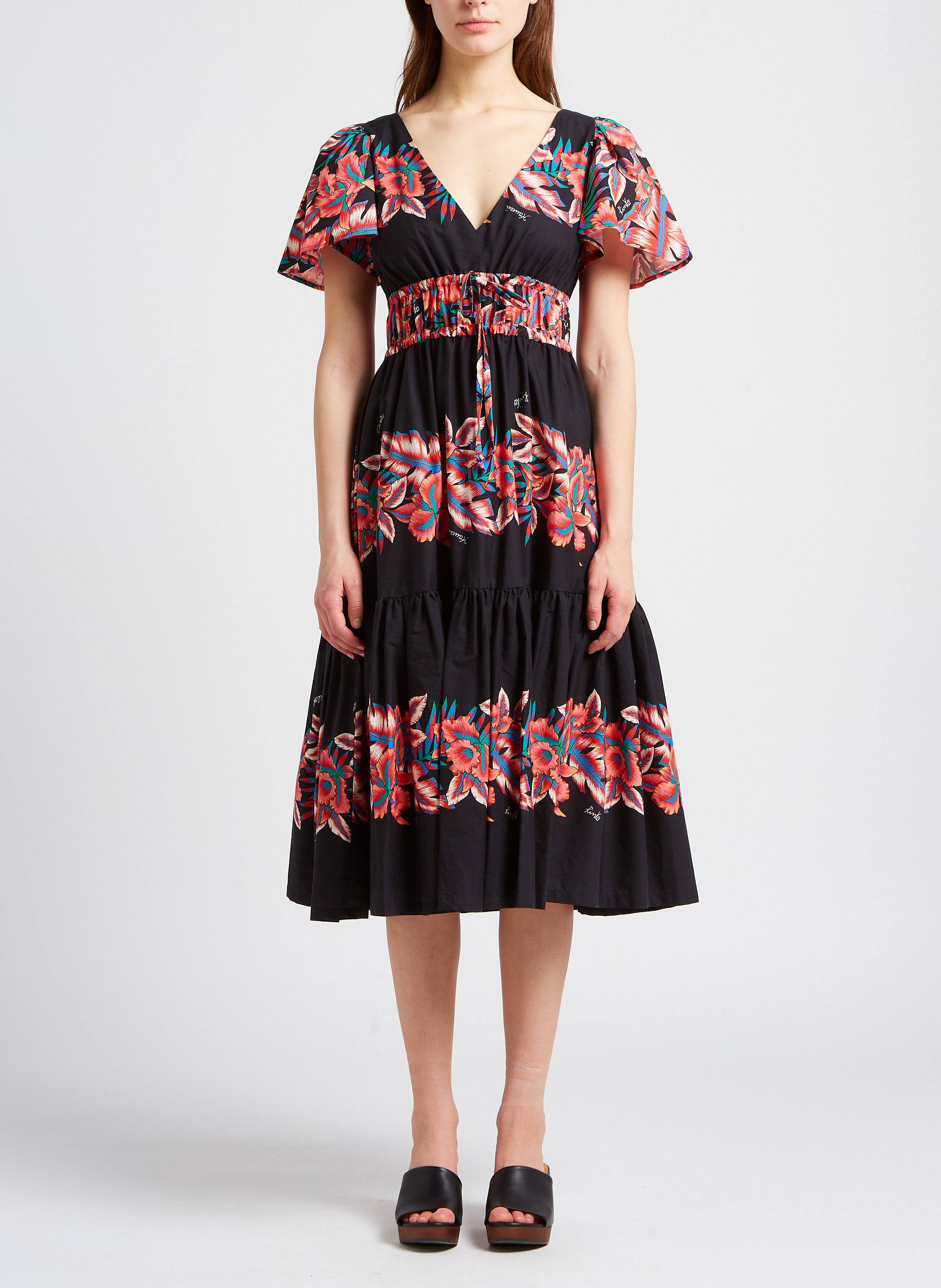 Long tropical print cotton V-neck dress PINKO Multicolored