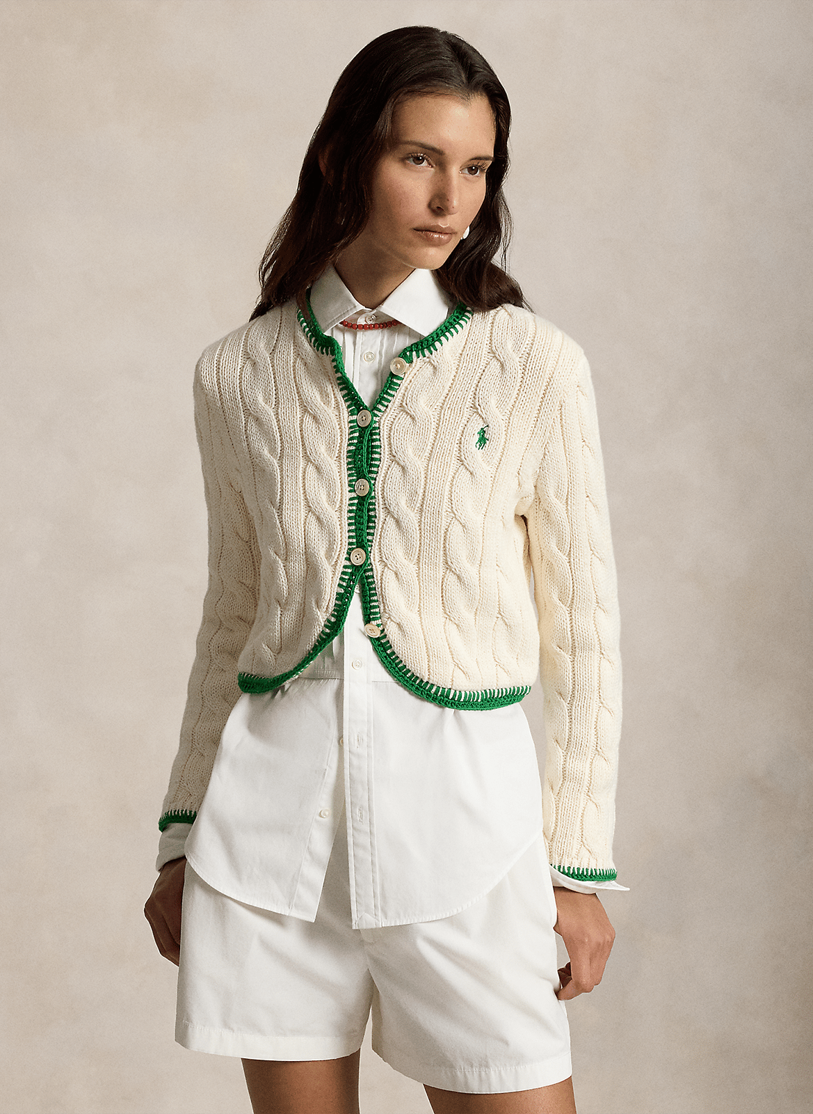 Gerade geschnittene Baumwollstrickjacke mit Rundhalskragen POLO RALPH LAUREN Weiss