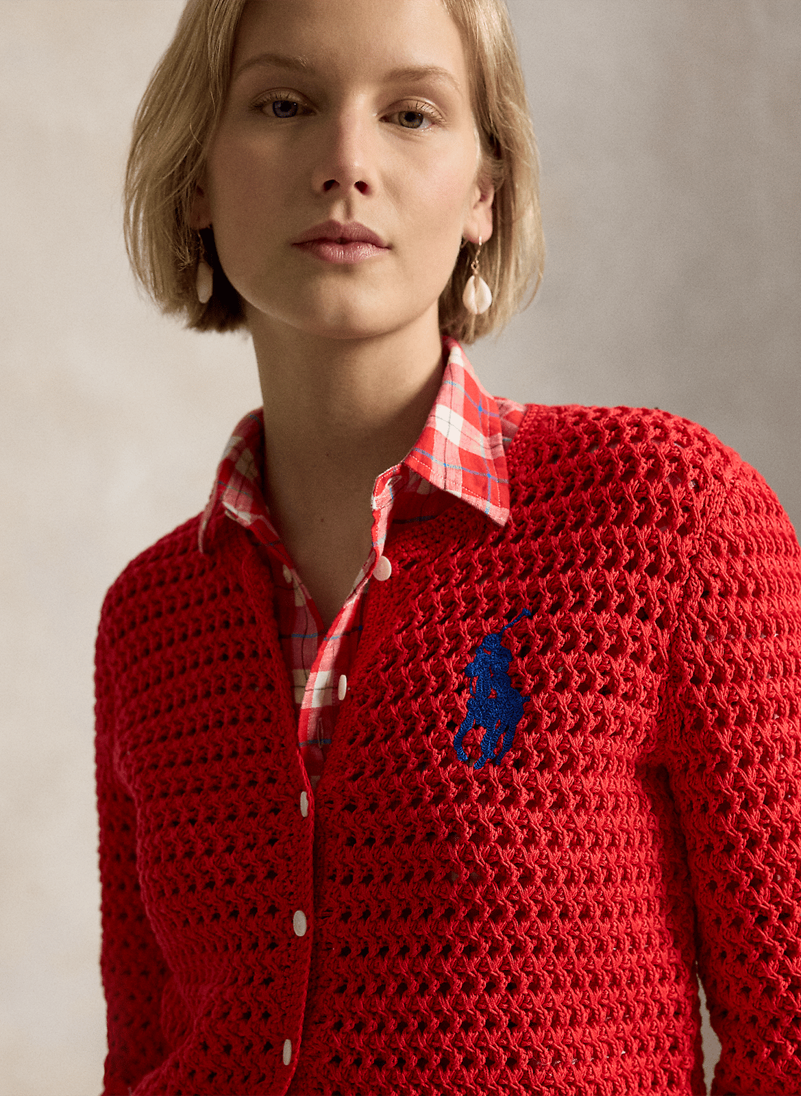 Cárdigan recto cuello redondo bordado en punto. POLO RALPH LAUREN Rojo