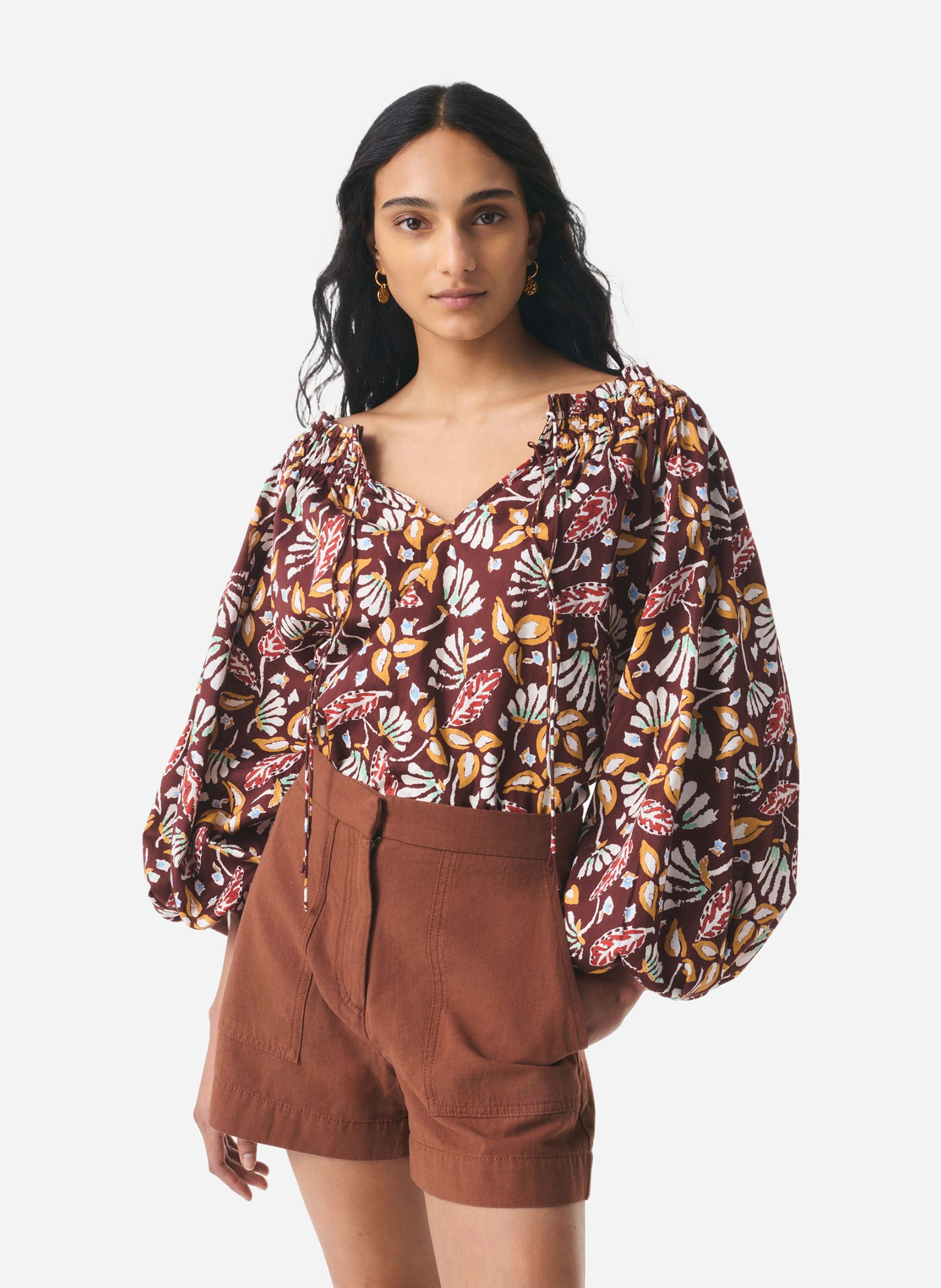Blouse col élastiqué à motif floral VANESSA BRUNO Marron