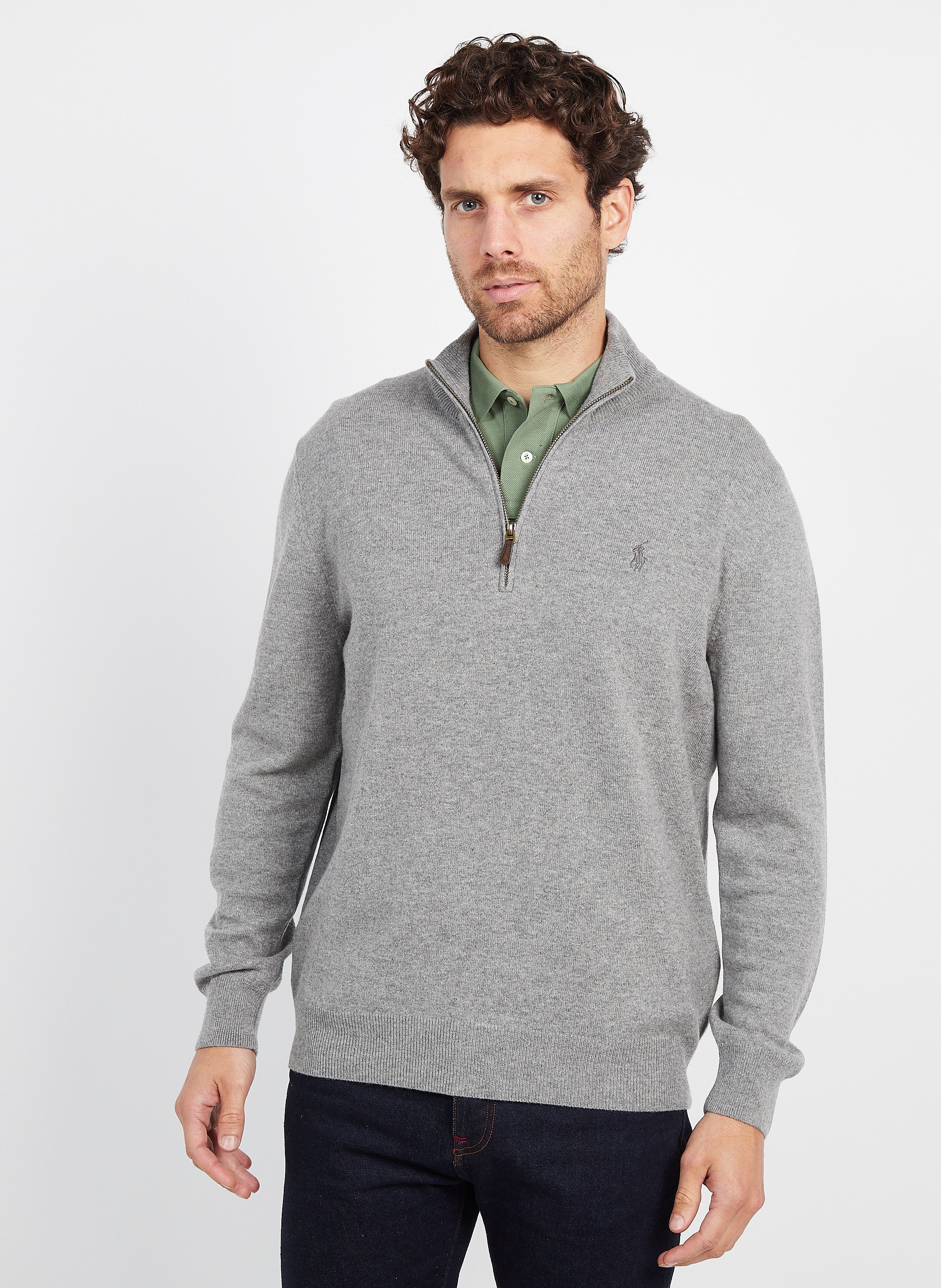 Grey Regular fit embroidered merino wool high neck jumper