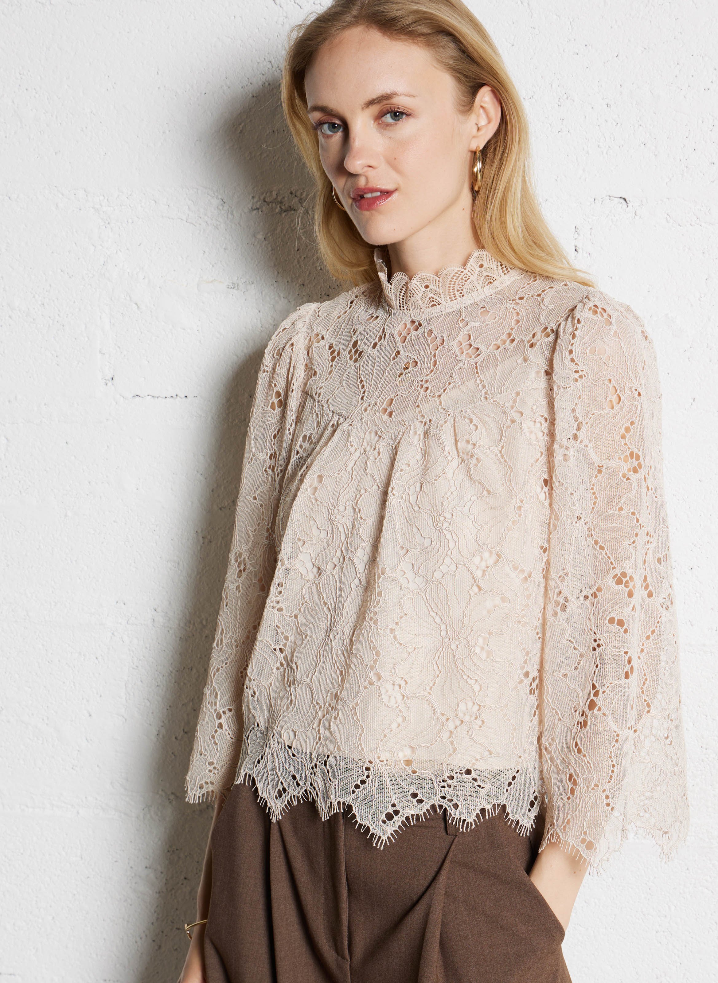 High neck lace blouse SUNCOO White