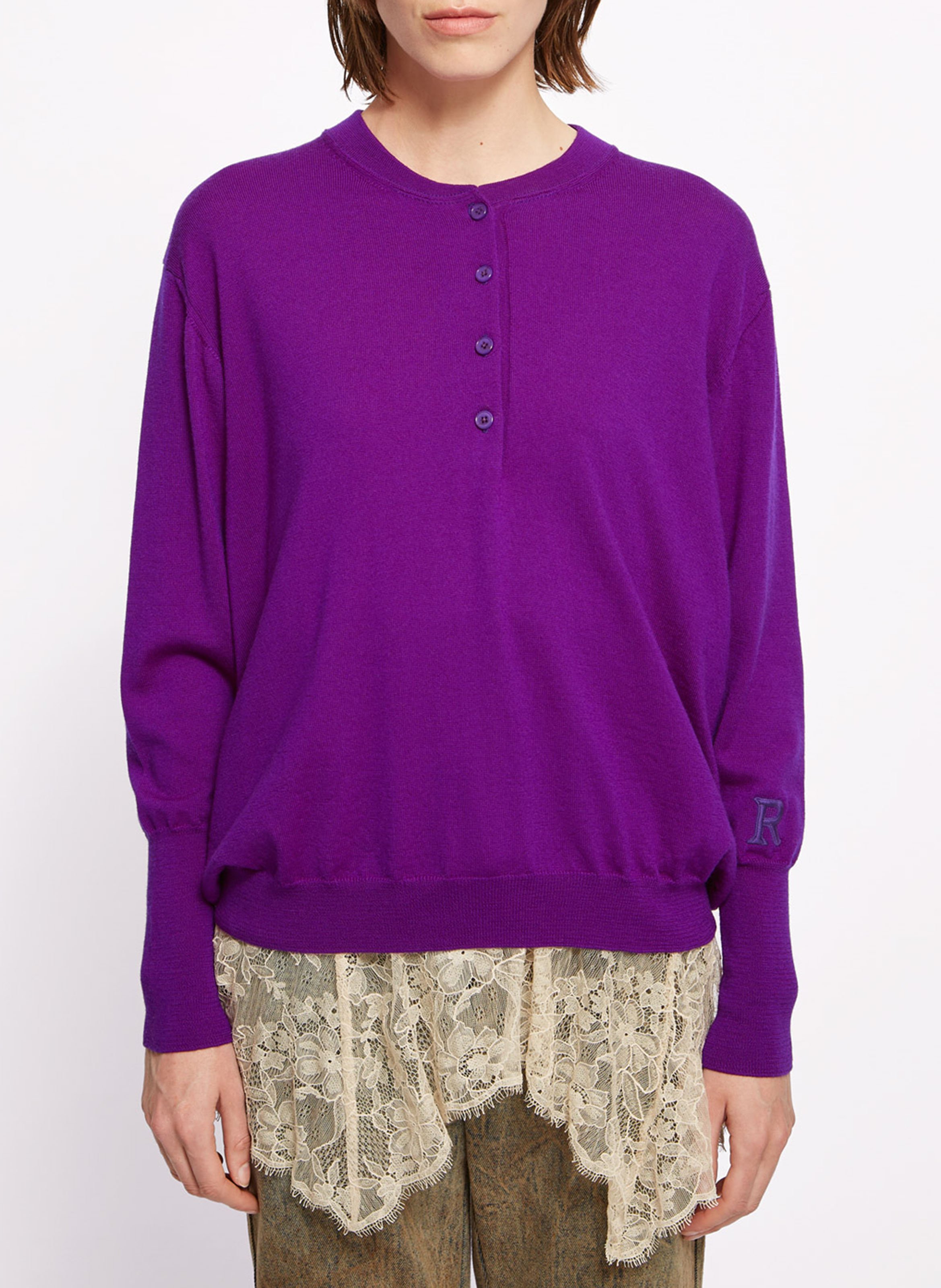 Pull ample col rond brodé en laine vierge ROSEANNA Violet